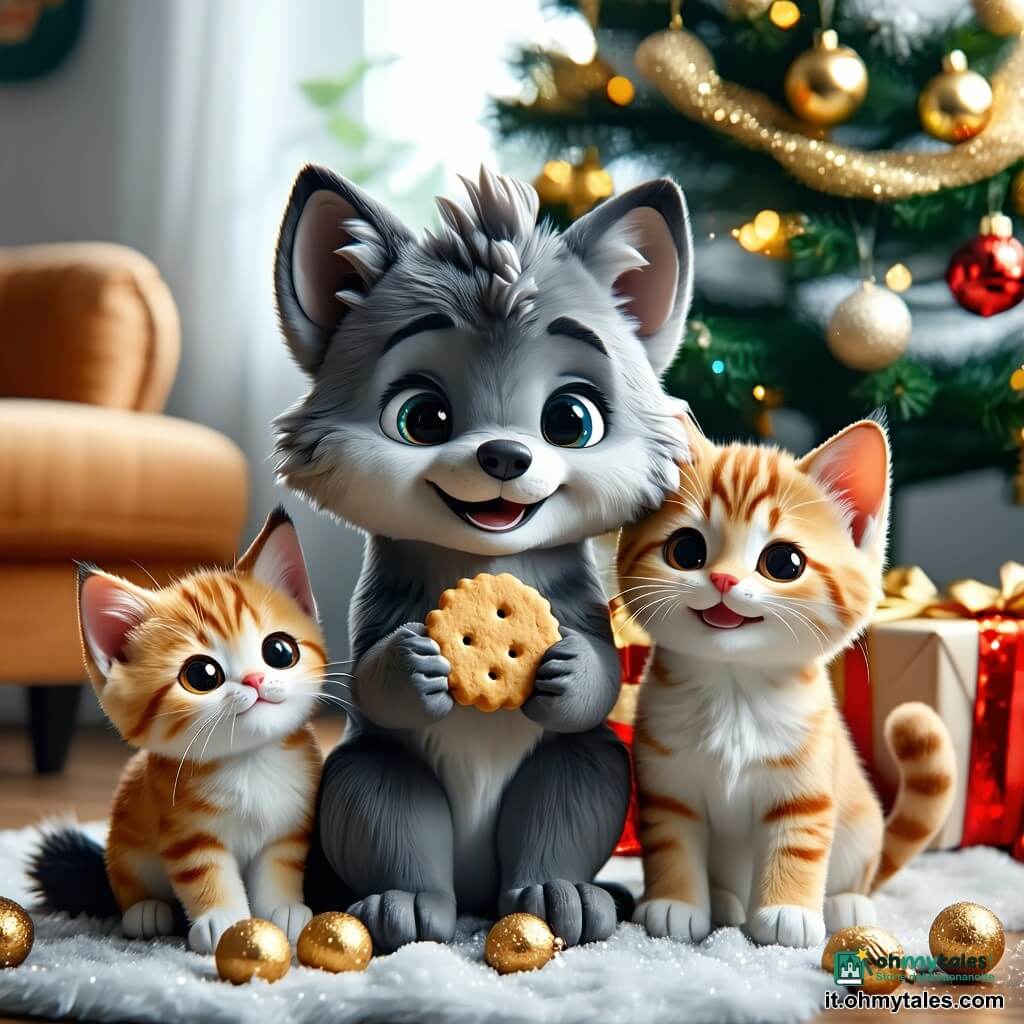 Un piccolo lupo di peluche realistico grigio chiaro con occhi lucidi e sorriso tenero che regge un biscotto dorato accanto a un grande albero di Natale; un gattino rotondo e soffice dal pelo rossiccio che fa le fusa e si strofina contro le gambe del lupo a sinistra; una mamma lupa rotonda dal pelo crema seduta su una poltrona vicino alla finestra che guarda la scena con tenerezza; un minuscolo passerotto azzurro su un ramo dell'albero inclinato verso il lupo; interno di un salotto natalizio accogliente con pareti di legno chiaro, tappeto rosso e alcuni regali, fuori dalla finestra una notte invernale con neve che scende; atmosfera calda, dorata e rassicurante, composizione centrata sul gesto di condivisione, stile 3D da film d'animazione per bambini con forme tonde, texture peluche morbide, colori caldi, contrasti morbidi e illuminazione soffusa.