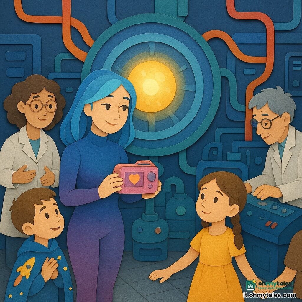 Una donna — Aurora — dallo sguardo dolce e deciso, capelli blu elettrico con riflessi argentati, veste aderente che cambia colore, sorride leggermente mentre posa un piccolo apparecchio rosa (il Sintonizzatore di Cuore) su un nucleo luminoso. Un bambino di 7 anni (Tommaso) con una coperta a razzi e capelli castani corti, meravigliato, sta a sinistra di Aurora guardandola. Una bambina di circa 6 anni con due trecce brune e un vestito giallo tiene la mano di un altro bimbo vicino all'ascensore, volto curioso. Una donna adulta (dott.ssa Lina) con occhiali tondi e camice bianco, mani aperte rassicuranti, sullo sfondo vicino alla porta della pediatria. Un uomo anziano (professor Remi) con capelli grigi arruffati e giacca da laboratorio, chino su una console a destra del nucleo, regola leve. Luogo: laboratorio sotterraneo luminoso, pavimento in metallo lucido, tubi colorati, schermi blu, grande nucleo centrale che pulsa luce blu-dorata circondato da piccole macchine rotonde. Situazione: Aurora calma un nucleo energetico che ronza usando una piccola radio rosa; la luce passa da un blu agitato a un dorato rasserenante mentre i bambini applaudono piano — atmosfera calda, rassicurante e piena di speranza.