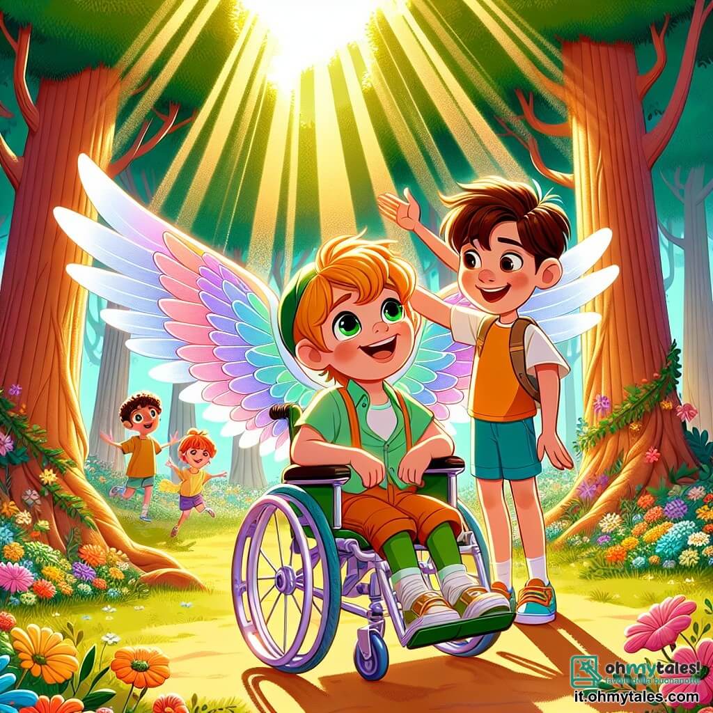 Lino, un giovane ragazzo con la pelle color ambra e grandi ali trasparenti, è seduto sulla sua sedia speciale, una sedia a rotelle innovativa dai colori vivaci, con un sorriso radioso di determinazione sul volto. È circondato da alberi maestosi con tronchi spessi e foglie verdi brillanti, mentre i raggi di sole filtrano attraverso i rami, creando un gioco di ombre e luci sul terreno. Accanto a lui, Milo, un ragazzo dai capelli castani disordinati e dagli occhi scintillanti, è in piedi con le braccia alzate in segno di incoraggiamento, mostrando un'espressione gioiosa ed entusiasta. Indossa una maglietta colorata e un pantaloncino, e sembra pronto per un'avventura. La scena si svolge in una radura soleggiata, piena di fiori selvatici dai colori vivaci, dove risuonano le risate dei bambini. Lino e Milo stanno preparando una caccia al tesoro, circondati dai loro compagni, tutti impazienti di partecipare a questa attività ludica e inclusiva.