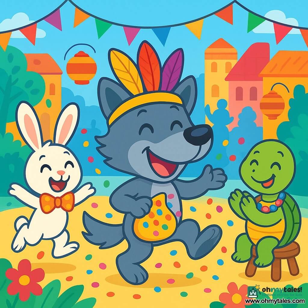 A joyful little wolf with a colorful feathered hat and a big smile, holding a pouch full of multicolored confetti, dances in the center of a lively square. To his right, a wise turtle with pearl necklaces, smiling and clapping, sits on a small stool. To his left, a big-eared rabbit wearing a shiny bowtie jumps for joy, eyes sparkling with excitement. The festive square is adorned with colorful garlands, twinkling lanterns, and vibrant flowers, where forest animals gather to celebrate the carnival. The scene shows the little wolf sharing handfuls of confetti with his friends, creating a shower of bright colors around them, while cheerful music resonates in the air.