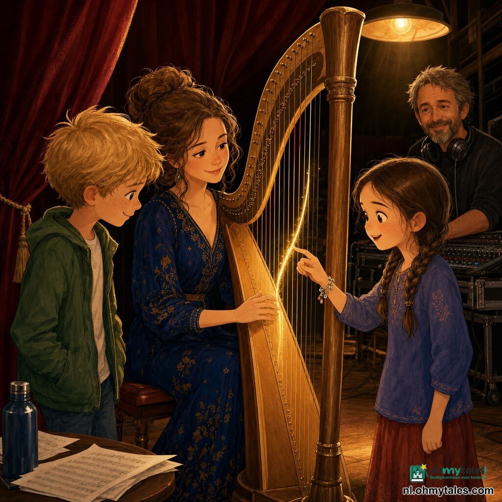 Zangeres-muzikante met zacht glimlachend gezicht en vriendelijke blik, lichtbruin haar in losse knot, diepblauwe jurk met gouden accenten, zittend op een houten krukje terwijl ze een grote gouden harp streelt; ze heeft een rustige, warme houding en delicate handen op de snaren. Meisje van ongeveer 8 jaar (Noor) met bruine vlechten en verwonderde ogen, rechts van de harpiste, raakt met haar wijsvinger een snaar aan en glimlacht. Jongen van ongeveer 9 jaar (Bram) met warrig blond haar en handen in de zakken van een groene jas, links van de harpiste, kijkt gebogen naar de trillende snaar met een nieuwsgierige, verheugde uitdrukking. Volwassen man (geluidsman) tegen de vijftig, korte baard, hoofdtelefoon om de hals, op de achtergrond bij een mengtafel, kijkt met een kleine glimlach toe, klaar om te helpen. Decor: warme coulissen met donkerrode fluwelen gordijnen, gelakte houten vloer, zachte gouden lamplicht, een fles water en verspreide bladmuziek op een kleine tafel. Sfeervol intiem na het concert: de musicienne toont de harp aan de kinderen, glanzende snaren waarbij één trillende snaar een lichte spoor laat, magische, rustige en gezamenlijke sfeer met nadruk op hout-, metaal- en fluweeltexturen.