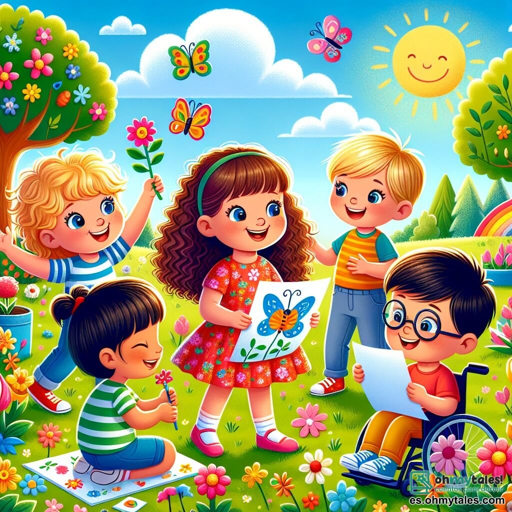 En un parque soleado, seis amigos juegan alegremente juntos. Sofía, una niña de cabello castaño y rizado, lleva un vestido rojo con flores y sostiene una flor de papel en la mano. A su lado, Lucas, un niño de cabello rubio y corto, viste una camiseta azul y sonríe mientras sostiene una marioneta en forma de mariposa. Mateo, un niño de cabello castaño, está en su silla de ruedas, vestido con una camiseta amarilla, y observa maravillado una mariposa que vuela a su alrededor. Valentina, una niña de cabello largo y liso, lleva una falda rosa y se emociona con una flor que ha encontrado. Tomás, un niño con gafas y cabello negro, dibuja en un cuaderno, vestido con una camiseta verde. Finalmente, Ana, una niña de cabello rojo, lleva un overol de mezclilla y sostiene una pequeña caja llena de tesoros de primavera. El parque está lleno de flores coloridas, grandes árboles con hojas verdes brillantes y un cielo azul salpicado de nubes blancas. Las risas de los niños resuenan en el aire fresco y perfumado de flores. Los amigos organizan una fiesta de primavera, donde juegan, hacen decoraciones de papel y exploran la belleza de la naturaleza que los rodea.