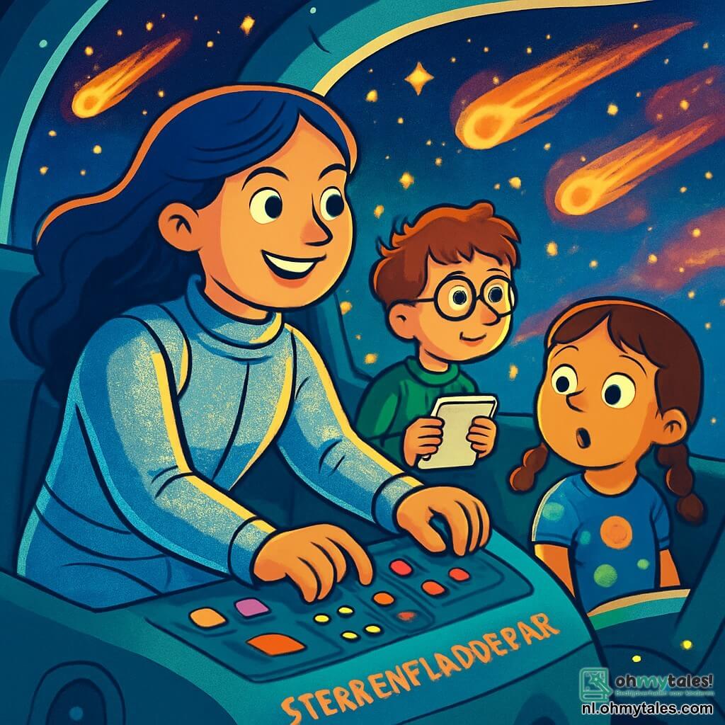 Kapitein Luna, een vrouw met lang glanzend haar, draagt een zilveren ruimtepak dat schittert onder de lichten van haar schip. Ze heeft een vastberaden glimlach en sprankelende ogen terwijl ze behendig het dashboard van het schip bedient. Naast haar kijkt een 10-jarig jongetje met ronde brillen en messcherpe haren vol verwondering naar de sterren door het raam. Hij houdt een klein notitieboekje in zijn handen, klaar om al zijn ontdekkingen op te schrijven. Een ander personage, een 9-jarig meisje met vlechten en een t-shirt met planetenmotieven, zit op een stoel met grote ogen, gefascineerd door de kleurrijke lichten die om het schip dansen. Het ruimteschip, de "Sterrenfladderaar", is omringd door een zee van schitterende sterren en kleurrijke nevels, wat een magisch en feeëriek landschap creëert. Helder meteorieten doorkruisen de ruimte, wat een avontuurlijke sfeer aan de scène toevoegt. Kapitein Luna navigeert behendig door een meteorietenregen, terwijl heldere lichten en levendige kleuren het schip verlichten. De kinderen kijken verwonderd door de ramen, hun gezichten verlicht door de magie van de ruimte.