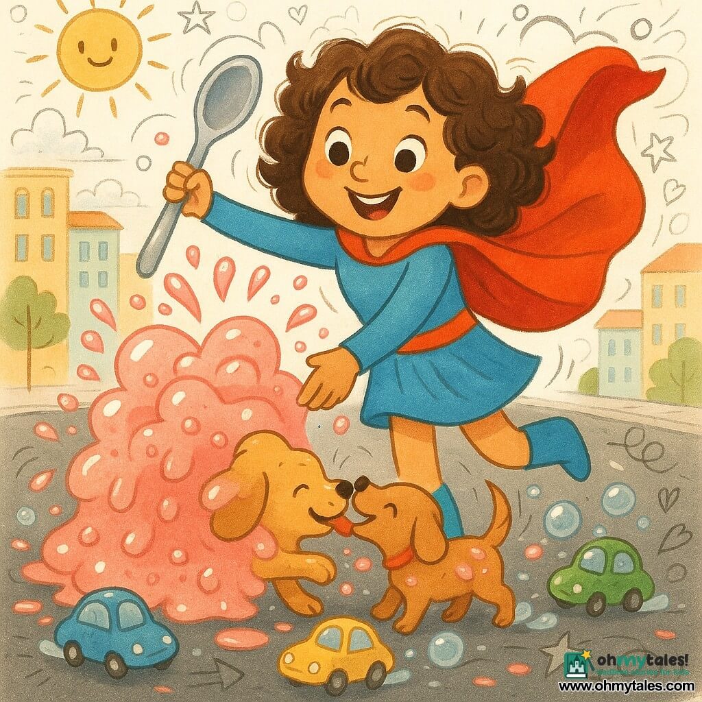 Radiant female superhero with curly brown hair, red cape and shiny blue boots stirs pink jelly with a large silver spoon, sending bubbles flying; a caramel puppy covered in jelly sits on the sunny urban street, wagging and licking her hand; small colorful cars wrapped in translucent bubbles roll around amid pastel low buildings, wide sidewalks, garlands, round lampposts, pink jelly splashes and shiny asphalt reflections—joyful, dynamic scene of cape motion and bursting bubbles.