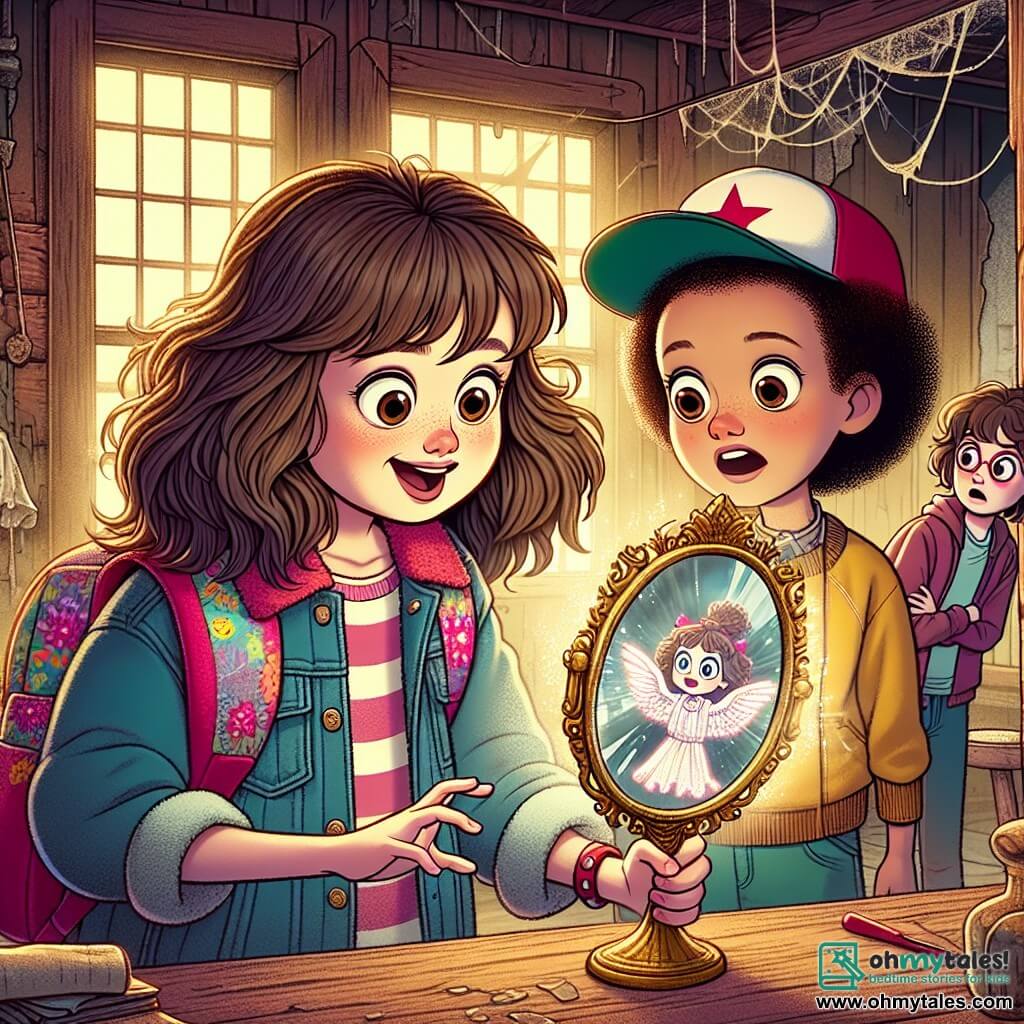 A 12-year-old girl, Lily, stands in the center of the image, her eyes wide with curiosity and excitement. She has messy long brown hair, a worn denim jacket, and a colorful backpack hanging from her shoulder. She gazes in wonder at an ancient mirror that glows with a mysterious light, her hand reaching toward its surface. Next to her, her best friend Mia, also 12, has short curly hair topped with a bright pink beanie. She wears a fearful and worried expression, standing slightly back with her arms crossed, as if hesitating to approach the mirror. The setting is an old abandoned house, with decrepit wooden walls, cobwebs in the corners, and furniture covered with white sheets. Light filters through broken windows, casting dancing shadows on the dusty floor. The main focus shows Lily, fascinated by the mirror, while a nervous Mia looks around as if expecting a spirit to emerge from the shadows. The atmosphere is filled with mystery and slight tension, capturing the essence of a spooky adventure.