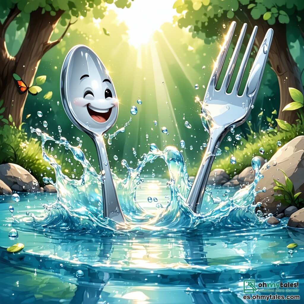 En el centro de la imagen, una cuchara sonriente llamada Cuchi, con un rostro alegre y ojos brillantes, brilla bajo el sol. Está saltando en el agua de un arroyo, salpicando gotas a su alrededor. Junto a ella, un tenedor travieso llamado Tino, con puntas plateadas y una gran sonrisa, está haciendo muecas mientras intenta atrapar una pequeña piedra brillante que rueda cerca del agua. El escenario es un prado verde, lleno de flores coloridas y árboles majestuosos, con un arroyo cristalino que serpentea por el paisaje, el sol brillando en un cielo azul claro. La situación principal muestra a Cuchi y Tino jugando juntos, riendo mientras caen al agua, creando salpicaduras alegres y burbujas a su alrededor, capturando el espíritu de la amistad y la aventura.
