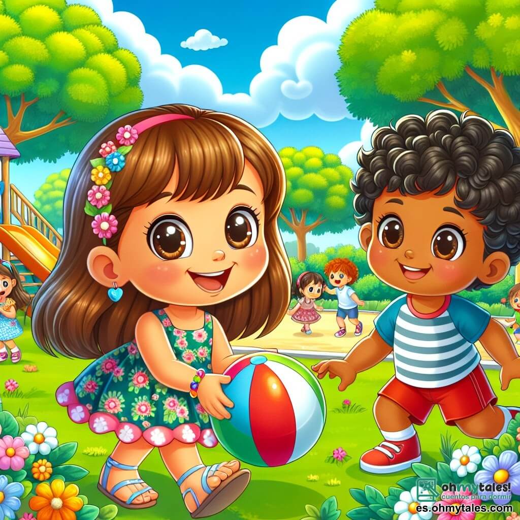 Una niña de 6 años, llamada Sofía, con largos cabellos castaños y ojos llenos de curiosidad, sonríe alegremente mientras juega con una pelota colorida en un parque soleado. Lleva un vestido de flores y sandalias, y su rostro expresa entusiasmo y amistad. A su lado, Amir, un niño de 6 años, tiene piel morena y cabello negro rizado. También sonríe, sosteniendo la pelota con una mano, listo para jugar. Amir lleva una camiseta azul y un pantalón corto rojo, y se mantiene ligeramente atrás, observando a Sofía con admiración. El parque está lleno de árboles verdes, flores coloridas y un gran tobogán de madera. El cielo es azul con algunas nubes blancas, y niños juegan a lo lejos, creando una atmósfera alegre y acogedora. La escena principal muestra a Sofía y Amir jugando juntos, aprendiendo palabras en sus respectivos idiomas, rodeados de otros niños que los miran con curiosidad, ilustrando así el tema de la tolerancia y la amistad.
