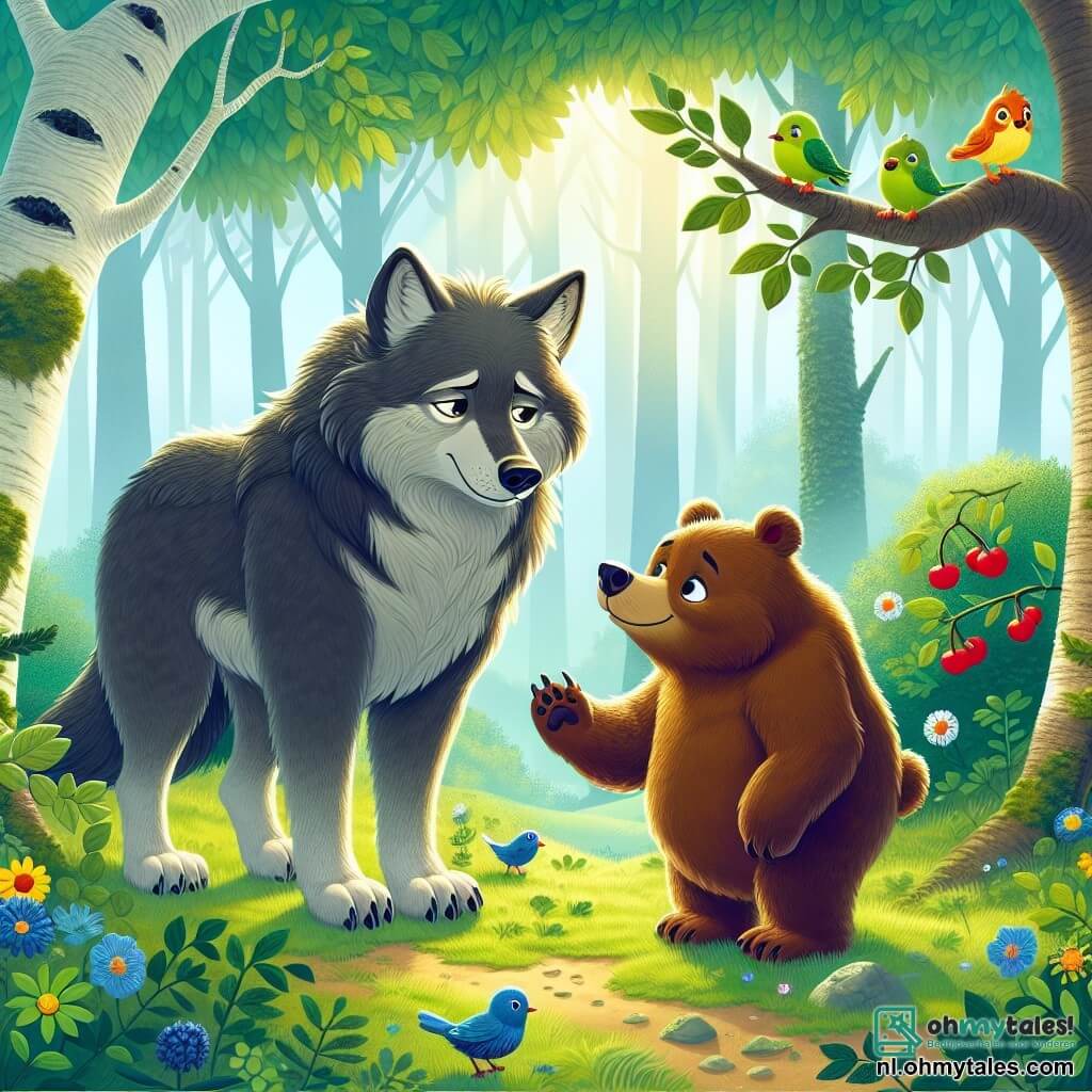 Een grote wolf met doordringende ogen en grijze vacht, met een uitdrukking die zowel triest als vastberaden is, staat in het midden van de scène en kijkt naar een kleine open plek. Naast hem staat een grote, vriendelijke bruine beer, met een warme glimlach en ogen vol hoop, die zijn poot naar hem uitsteekt om hem aan te moedigen. Een groepje kleine, kleurrijke vogels, die op een nabijgelegen tak zitten, kwettert vrolijk en toont nieuwsgierige en vriendschappelijke gezichten. De scène speelt zich af in een betoverd bos, waar de zonnestralen door de groene bladeren filteren en de grond verlichten met een mengeling van wilde bloemen. Op de achtergrond is een struik met sappige bessen te zien, symbool voor het avontuur dat komen gaat. De hoofd situatie toont de wolf en de beer verenigd in hun zoektocht naar de mysterieuze verdwenen bessen, klaar om samen te werken met de andere dieren in het bos om de waarheid te ontdekken en de harmonie in hun bos te herstellen.