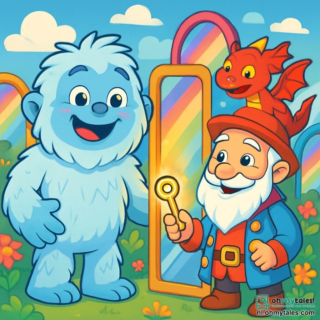 Een jonge yeti genaamd Blauwvoet, met een zachte, donzige hemelblauwe vacht, staat vrolijk in een tuin van glinsterende spiegels. Zijn grote, nieuwsgierige ogen en stralende glimlach tonen zijn blijdschap en verwondering. Naast hem staat een klein mannetje, Meneer Polijst, ongeveer 50 jaar oud, met een lange witte baard en een kleurrijke jas versierd met glanzende knopen. Hij glimlacht trots terwijl hij een gouden sleutel vasthoudt. Op zijn schouder zit een mini-draken genaamd Vonkje, met rode schubben en ondeugende ogen, die kleine vonkjes vuur blaast, wat een vleugje magie aan de scène toevoegt. De setting is een betoverend eiland, vol levendige spiegels die regenbogen en stralende bloemen reflecteren. De lucht is helderblauw, bezaaid met donzige wolken. De hoofdscène toont Blauwvoet, Meneer Polijst en Vonkje die zich voorbereiden om een magische deur in een spiegel te openen, omringd door een gouden licht dat hun gezichten verlicht en een sfeer van mysterie en avontuur creëert.