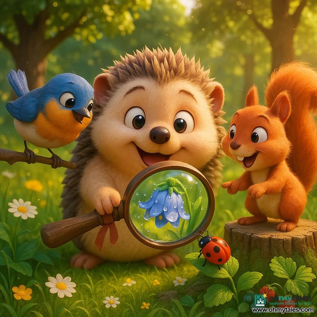 Bramble, a young round soft hedgehog with bright eyes and a quivering snout, smiling and amazed, holds a wooden-handled magnifying glass tied with a ribbon and examines a dewy bluebell up close; Robin, a small blue-and-orange warbler, perches on a left branch tilting its head to look through the glass; Squirrel, a red rodent with a bushy tail, perches on a stump to the right pointing at a black-spotted ladybug. Sunny clearing surrounded by tall oaks, vivid tall grass dotted with white daisies and buttercups, emerald moss and wild blueberries and strawberries near the stump, golden sunbeams filtering through leaves with sparkling dust motes. Main scene: friends share the magnifying glass to observe spring wonders—dewy blue flowers, a ladybug on a leaf, visible petals and pollen in close-up—warm atmosphere, saturated colors, soft light, composition centered on the magnifying glass and their amazed faces.