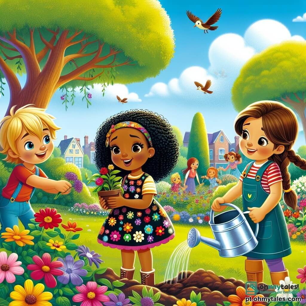 Branca-Neve, uma jovem de pele clara e cabelos negros como ébano, está no centro da imagem, sorridente e cheia de alegria. Ela usa um vestido colorido decorado com flores, seus olhos brilhantes refletem bondade e entusiasmo. Ela está plantando flores em um parque, cercada por crianças. Entre elas, um menino de 8 anos, com cabelos loiros e olhos brilhantes, segura uma pá e ajuda a cavar um buraco para uma nova planta. Ao lado dele, uma menina de 7 anos, com tranças castanhas e um sorriso radiante, segura um regador, pronta para dar água às flores recém-plantadas. O local é um parque ensolarado, repleto de vegetação luxuriante e flores coloridas. Árvores majestosas cercam o caminho, e pássaros cantam alegremente nos galhos. O céu é de um azul vibrante, salpicado de algumas nuvens brancas fofas. A cena principal mostra Branca-Neve e as crianças trabalhando juntas para transformar o parque em um lugar mágico, cheio de vida e cores, ilustrando o espírito de cooperação e camaradagem.