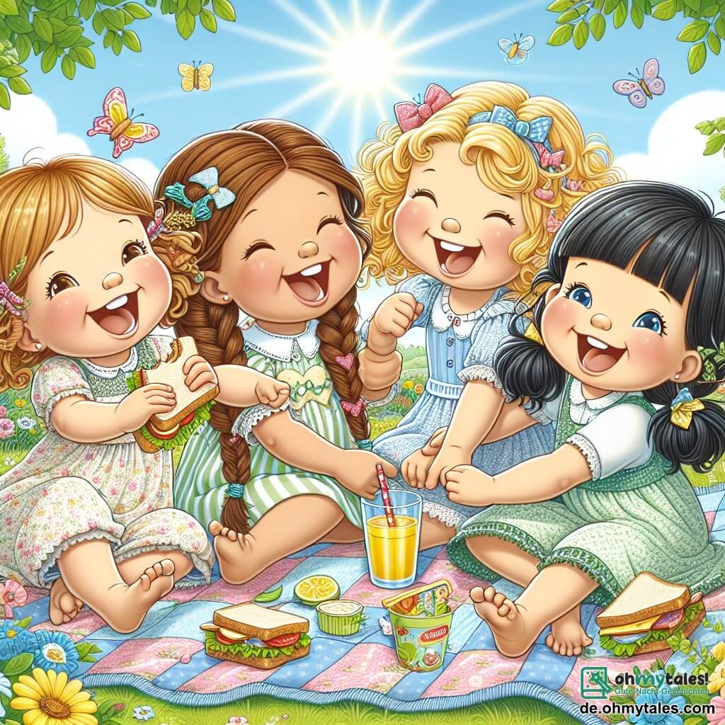 Vier kleine Mädchen sitzen auf einer großen bunten Decke in einem sonnigen Garten. Anna, 7 Jahre alt mit braunen Haaren und Zöpfen, lächelt fröhlich und hält ein Sandwich in ihrer rechten Hand. Mia, 6 Jahre alt mit lockigem blonden Haar, lacht und hält ein Glas Fruchtsaft. Lilli, 7 Jahre alt mit roten Haaren und Zöpfen, versucht, eine Ecke der Decke mit einer Hand in die Luft zu halten. Zoe, 6 Jahre alt mit schwarzen Haaren und einem kleinen Pferdeschwanz, zieht an der anderen Ecke der Decke mit einem breiten Lächeln. Der Garten ist voller bunter Blumen, grüner Bäume und einem klaren blauen Himmel. Ein schöner Schmetterling fliegt über sie und verleiht der Szene einen Hauch von Magie. Die vier Freundinnen haben Spaß beim Organisieren ihres Picknicks, lachen zusammen, während sich die Decke bewegt. Es ist ein fröhlicher Moment der Kameradschaft und des Lachens, in dem sie lernen, zusammenzuarbeiten, um ihren sonnigen Tag zu genießen.