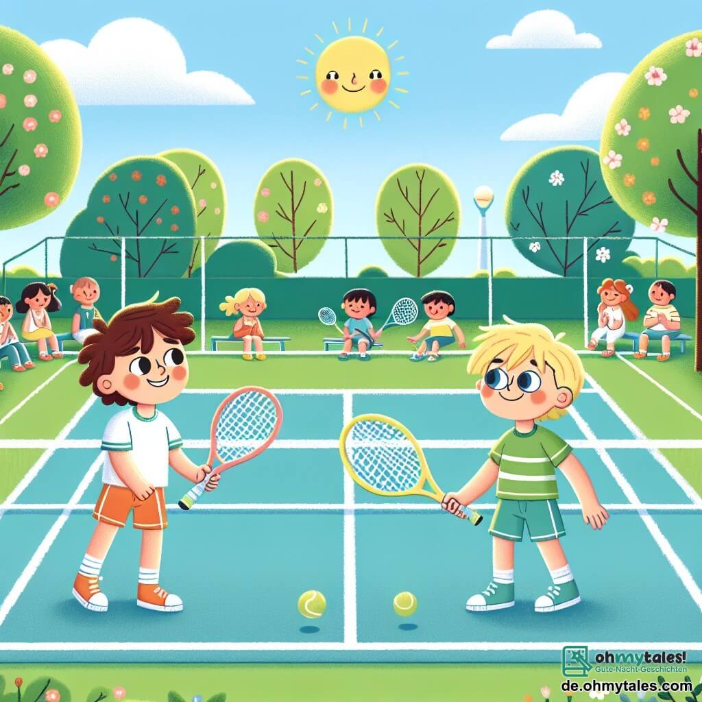 In einem schönen sonnigen Park spielen zwei Jungen Tennis. Max, ein 10-jähriger Junge mit zerzausten braunen Haaren und einem strahlenden Lächeln, hält ein buntes Tennisdiagramm in den Händen. Neben ihm ist Leo, ein weiterer 10-jähriger Junge mit blonden Haaren und runden Brillen, bereit, den Ball zu fangen. Sie stehen auf einem Tennisplatz, umgeben von Grün, mit blühenden Bäumen und einem hellblauen Himmel im Hintergrund. Max steht links, konzentriert auf das Spiel, während Leo rechts mit erhobenen Armen bereit ist, den Ball zu schlagen. In der Mitte schwebt ein kleiner gelber Tennisball in der Luft und fängt den Moment der Aktion ein. Der Platz ist durch weiße Linien abgegrenzt, und fröhliche Zuschauer, Kinder und Eltern, stehen im Hintergrund, applaudieren und feuern die beiden Freunde an.