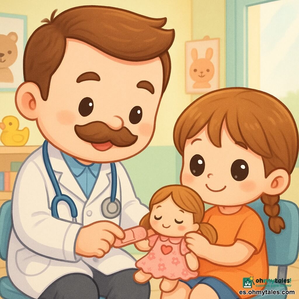 Un hombre, el doctor Marcos, sonriente y amable, con gran bigote suave y pelo castaño peinado, lleva bata blanca y estetoscopio azul y coloca delicadamente un pequeño vendaje rosa en una muñeca; a su derecha, una niña de unos 5 años, Ana, con dos coletas castañas claras, ojos grandes y sonrisa tímida, sostiene la muñeca de tela con vestido rosa y un corazón cosido en el pecho; fondo: sala de examen infantil en tonos pastel amarillo y verde con pósters de animales, estantería con juguetes y una gran ventana que deja entrar luz suave; escena cálida y reconfortante, colores vivos y contornos redondeados, estilo chibi kawaii con proporciones adorables, ojos grandes y detalles simples.
