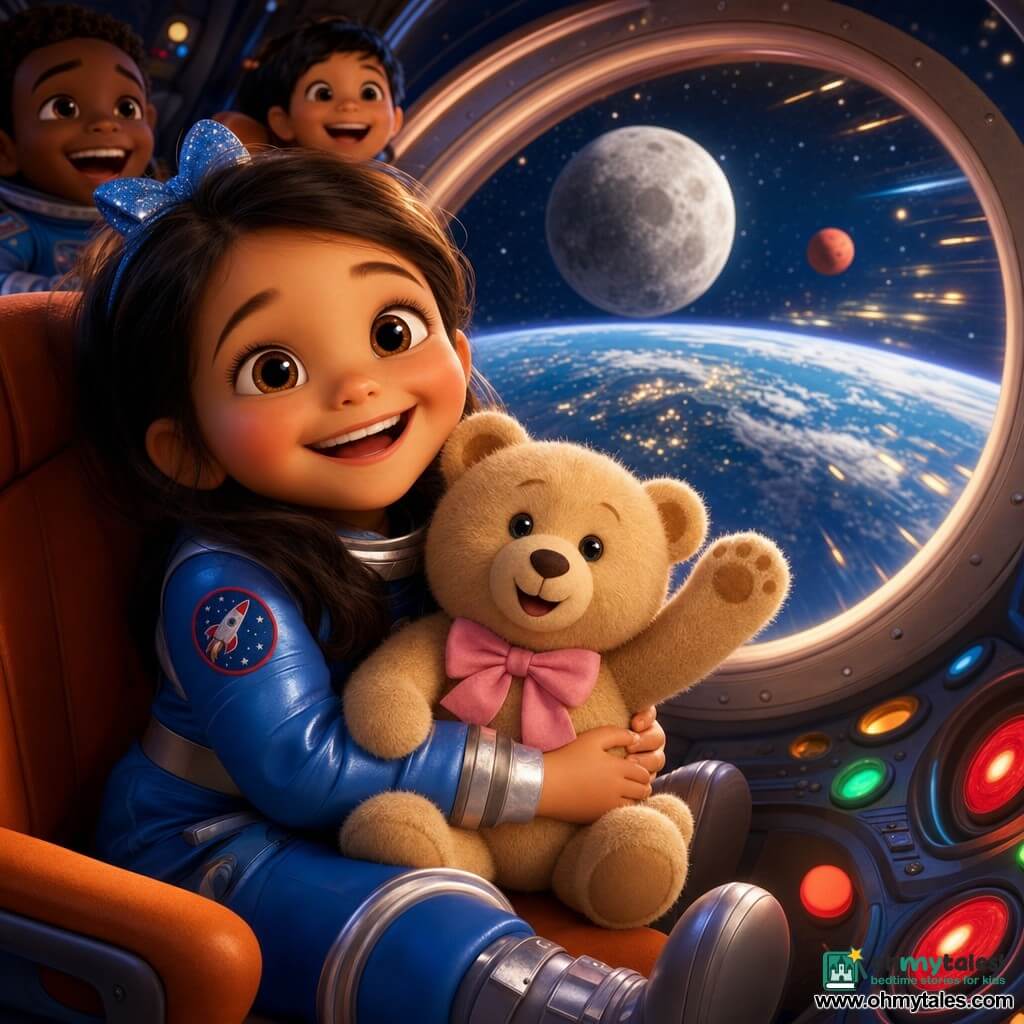 A young, brave smiling girl with bright eyes and rosy cheeks wears a shiny blue spacesuit and silver boots, clutching a small beige teddy named Fluff with a pink bow that raises a paw; they sit in a colorful round rocket cabin with glowing red and green buttons, orange padded seats and a large circular window showing the blue-and-white Earth below, sparkling stars, a nearby gray moon and distant red Mars as the rocket gently lifts off with streaks of light, creating a warm, safe, and wondrous atmosphere.