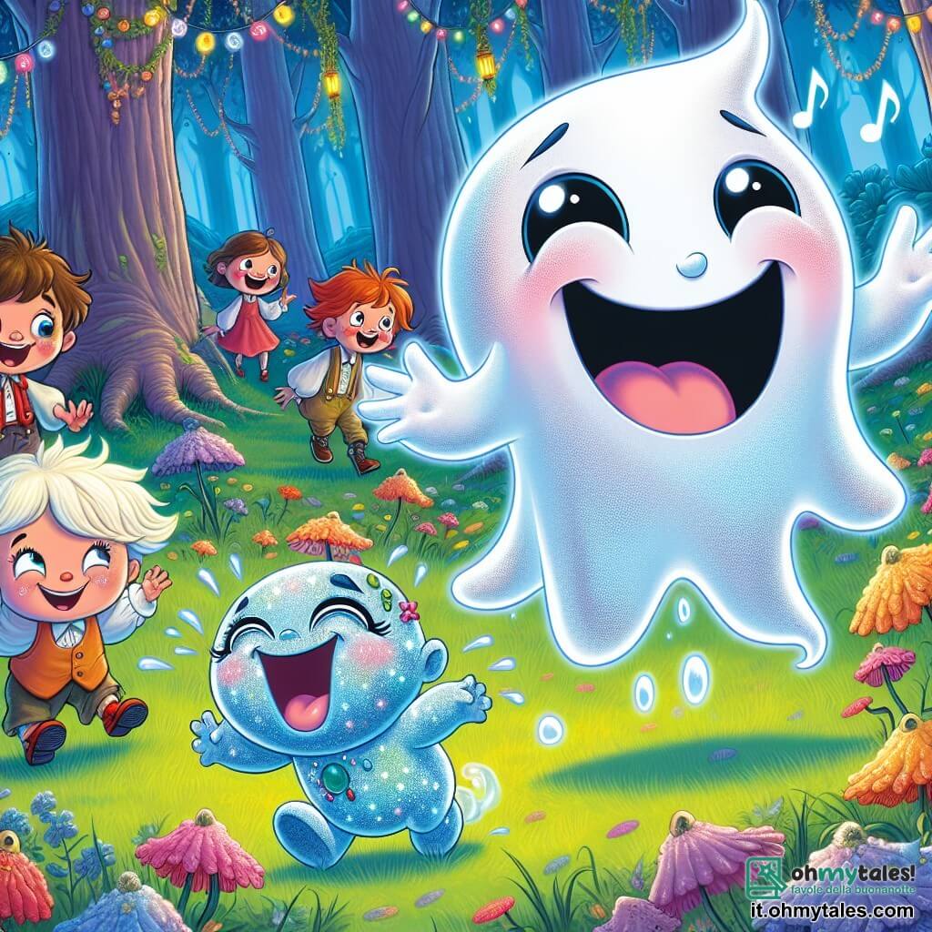 Un piccolo fantasma di nome Spettrino, allegro e traslucido, fluttua nell'aria con un grande sorriso. Ha occhi rotondi e scintillanti e piccole mani che si agitano mentre racconta una barzelletta. Accanto a lui, Fuffolo, un piccolo mostro blu con pelle lucida e occhi enormi, ride a crepapelle, mostrando i suoi denti bianchi e aguzzi. Ha braccia corte e zampe paffute, e si tiene la pancia dal ridere. Il decor è un prato incantato di Gigglylandia, circondato da alberi giganti dai tronchi colorati e fiori cantanti che danzano al vento. Il suolo è coperto da un'erba verde brillante, punteggiata di petali multicolori. La scena principale mostra Spettrino e Fuffolo che condividono barzellette con un gruppo di bambini felici, tutti di circa 7-9 anni. Una bambina dai capelli ricci e biondi, con un vestito rosa, scoppia a ridere, mentre un ragazzo con occhiali e capelli castani, vestito con una maglietta blu, cerca di trattenere il respiro tanto ride. Sono seduti sull'erba, catturati dalle storie divertenti dei due amici.