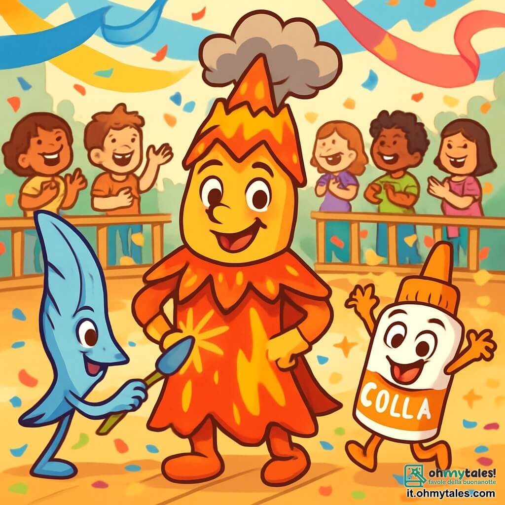 Mat, una giovane matita sorridente e vivace, è travestito da un magnifico vulcano in eruzione, con colori vivaci di rosso e arancione e dettagli di fumo grigio che fuoriesce dalla cima. Si trova al centro di una scena animata, irradiando orgoglio ed entusiasmo. Accanto a lui, Pennina, una elegante penna stilizzata, sta dipingendo lampi di luce sul costume di Mat, i suoi occhi brillano di creatività. Colla, una piccola bottiglia di colla gioiosa, salta di gioia, circondata da glitter dorati, aggiungendo un tocco di magia all'atmosfera. Il decor è un corteo di carnevale vibrante, pieno di colori brillanti, bandierine fluttuanti e coriandoli nell'aria, con bambini che ridono e ballano intorno a loro. La scena è immersa nella luce, creando un'atmosfera festosa e gioiosa. Mat, circondato dai suoi amici, sfilano con sicurezza sulla passerella, mentre la folla applaude con entusiasmo, celebrando la creatività e l'amicizia al centro di questo carnevale incantevole.