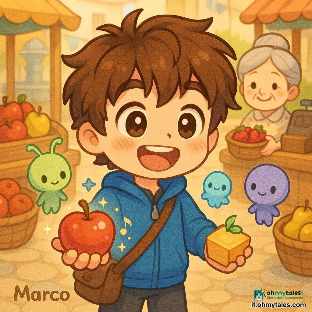 Un ragazzo di 10 anni, Marco, sorriso largo e occhi brillanti, capelli castani spettinati, giacca blu e borsa a tracolla, tiene una piccola scatola luminosa in una mano e porge una mela rossa con l'altra, espressione meravigliata e gioiosa; tre piccoli extraterrestri pastello escono dalla scatola: uno verde chiaro con antenne sottili, uno blu con guance luminose e uno viola con un sorriso di puntini luminosi, sono minuscoli, fluttuano all'altezza del petto di Marco e guardano la mela con curiosità; una venditrice anziana di circa 70 anni, capelli grigi raccolti e camicetta a fiori, tiene un cestino di fragole scintillanti e sorride sullo sfondo vicino a una cassa di legno; mercato di paese diurno con pavé di grosse pietre tonde, bancarelle di legno colorate, cassette di frutta vivace, bandierine leggere e una fontana di pietra sullo sfondo; la scena mostra Marco che presenta un frutto "rumoroso" agli extraterrestri, tutti catturati, con piccole note musicali ed scintille decorative attorno al frutto, atmosfera calda, colori pastello saturi, illuminazione morbida, stile chibi kawaii, composizione centrata e primo piano medio.
