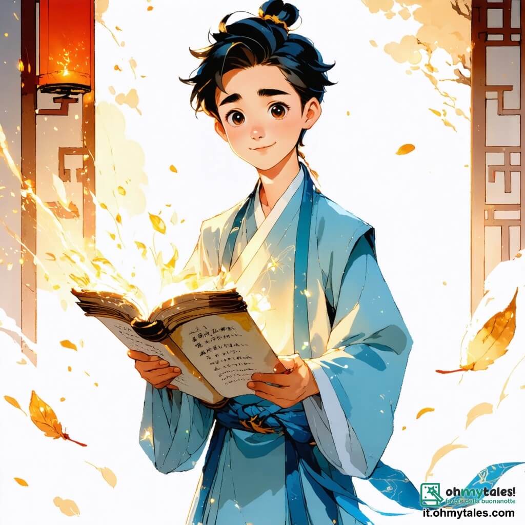 Li Wei, un ragazzo di nove anni, si trova al centro della scena, con occhi pieni di curiosità e un ampio sorriso. Indossa una tunica leggera blu con motivi floreali e i suoi capelli neri sono leggermente scompigliati dal vento. Nelle sue mani tiene un'antica pergamena, illuminata da una dolce luce dorata, mentre guarda intorno a sé con meraviglia. Accanto a lui c'è Zhang, un uomo di circa settant'anni, che indossa un lungo mantello blu ricamato con simboli mistici. Osserva Li Wei con un sorriso benevolo, pronto a offrirgli preziosi consigli. Lo sfondo è un antico tempio cinese, circondato da muri di pietra coperti di edera e fiori di ciliegio in piena fioritura. La luce del sole filtra attraverso le fessure del soffitto, creando un'atmosfera magica e misteriosa. La scena principale mostra Li Wei, meravigliato, che scopre la pergamena magica, mentre Zhang, il custode del tempo, lo incoraggia a esplorare il suo potenziale. L'atmosfera è carica di avventura e scoperta, invitando i giovani spettatori a sognare e credere nella magia.