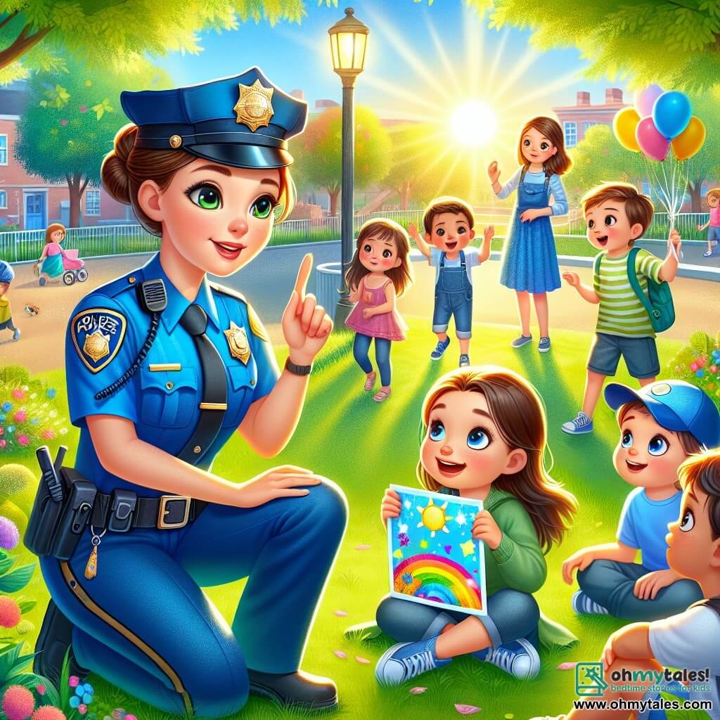 In the center of the image, we see Officer Lily, a smiling policewoman in her 30s with brown hair tied in a bun. She wears a bright blue uniform with a shiny badge on her chest. Her face shows determination and kindness as she kneels to talk to a group of children. To her right, Jamie, a 10-year-old boy with messy brown hair and sparkling eyes, holds a colorful safety poster. He smiles enthusiastically, looking at Officer Lily with admiration. In the background, a group of five children aged 8 to 12 listens attentively, their faces lit up with excitement. Some hold safety board games, while others draw posters about respect and kindness. The setting is a green park bathed in the golden light of the setting sun, surrounded by vibrant trees and colorful flowers. Balloons float in the air, and families stroll by, creating a joyful and welcoming atmosphere. The main scene shows Officer Lily sharing stories of courage and safety with the children, encouraging them to be heroes in their community while promoting acts of kindness.