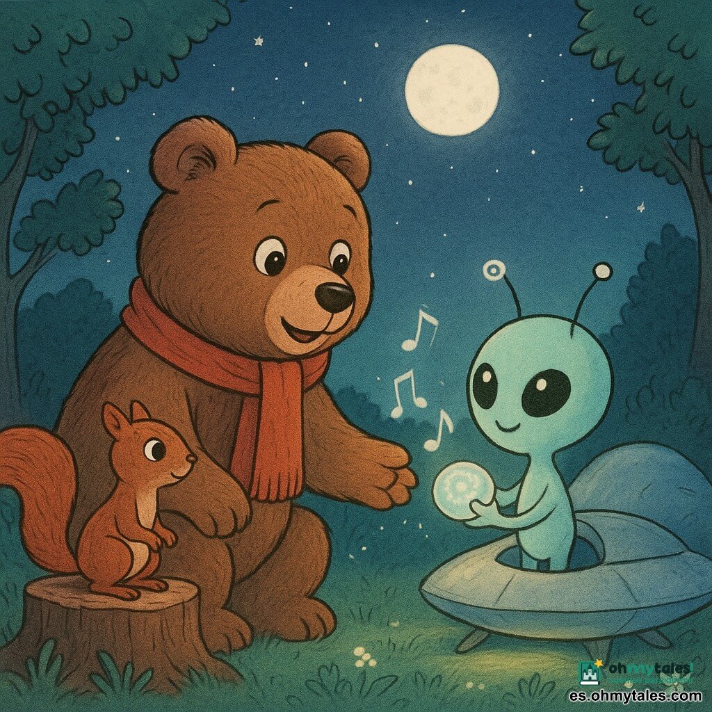 Oso de peluche marrón grande y realista, cara redonda y ojos brillantes, expresión asombrada y sonriente, pelaje texturizado y bufanda roja que extiende una pata hacia Zeta; ardilla rojiza pequeña de ojos vivaces sobre un tocón junto al oso; Zeta, criatura extraterrestre pequeña y simpática de piel nacarada azulverdosa, ojos ovales brillantes, dos antenas con puntos luminosos, sosteniendo una esfera musical luminosa que emite notas visibles; claro nocturno en la cima de un mirador con hierba y flores fosforescentes, árboles que enmarcan la escena, cielo estrellado y luna suave, pequeña nave plateada sobre un cojín de luz; encuentro amistoso junto a la nave con luces cálidas y azuladas que iluminan los rostros, ambiente de sorpresa y ternura y notas musicales visibles como ondas luminosas.