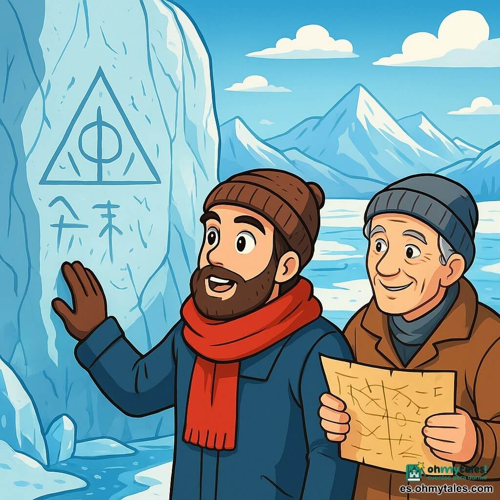 Un hombre explorador de unos treinta años, con barba castaña y ojos llenos de curiosidad, se encuentra frente a una inmensa pared de hielo. Lleva un abrigo grueso de color azul marino, una bufanda roja y un gorro de lana. Su expresión es de asombro y determinación mientras observa los símbolos grabados en la roca. Cerca, un viejo guía de unos 60 años con cabello gris y un rostro arrugado se inclina sobre un mapa antiguo, mostrando líneas y marcas misteriosas. Sonríe con benevolencia, como si compartiera un secreto con el explorador. El paisaje es un vasto glaciar, con majestuosas montañas al fondo, cristales de hielo brillando bajo el sol y un cielo azul claro con nubes blancas. Las fisuras en el hielo crean reflejos luminosos, mientras un arroyo de agua clara serpentea por el paisaje helado. La escena principal muestra al explorador descubriendo un antiguo símbolo grabado en el hielo, un momento de revelación que lo conecta con la historia de los barqueros de antaño.