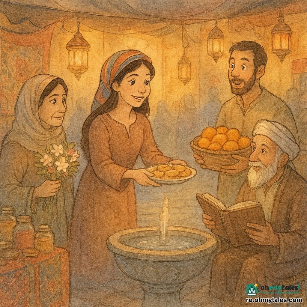 Leila, fată tânără (~14–16 ani) cu față blândă, ochi negri și păr lung prins cu o basmală colorată, zâmbește și întinde o farfurioară cu prăjituri spre mulțime; Fatima (~35 ani), vânzătoare de flori, ține un buchet de iasomie albă și roz, lângă Leila în stânga, cu privire emoționată; Omar (~30 ani), negustor de fructe, ține o coșcă de portocale și privește surprins și bucuroș la Fatima, în dreapta; Hakim, bătrân povestitor (~70 ani) cu barbă cenușie, stă pe un scăunel lângă fântână cu o carte veche deschisă și privește scena mândru; piața pietruită e înconjurată de tarabe colorate, covoare brodate, borcane cu condimente, felinare de cupru și o fântână de piatră cu apă sclipitoare, lumina crepusculară caldă dând reflexe aurii; Leila adună locuitorii la fântână pentru a împărți o prăjitură și a spune adevărul — fețele se înmoaie, norul întunecat se risipește, scenă de împăcare.