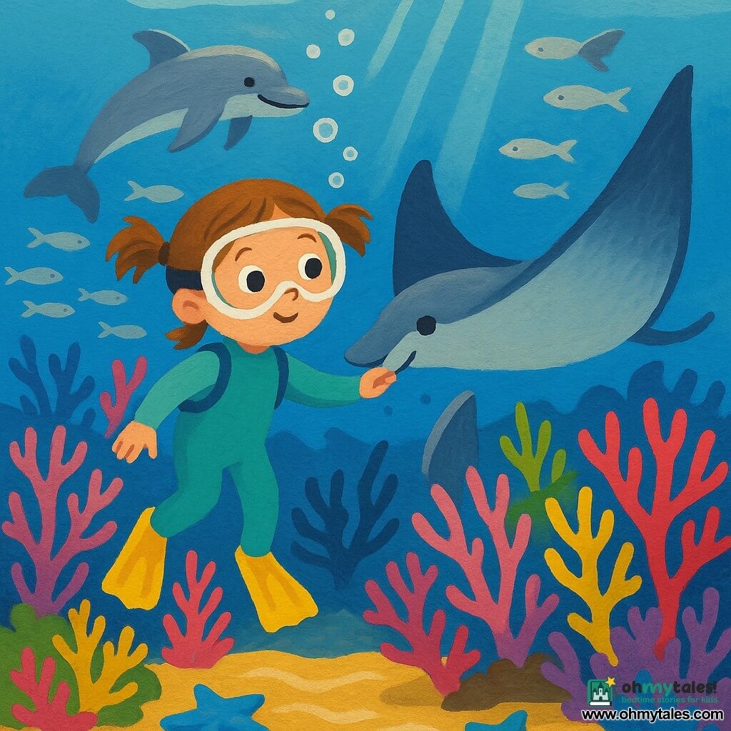 A 6-year-old girl with round eyes and light chestnut hair in two small pigtails, face amazed and smiling, wearing a turquoise wetsuit, floats underwater reaching to touch the fin of a large pearl-gray manta ray with blue highlights whose body language is curious and welcoming; a playful silver dolphin leaps in the background, multicolored coral branches sway, schools of silver fish shimmer, blue starfish rest on the sand, filtered sunbeams and bubbles rise as light patterns stripe the pale sand.