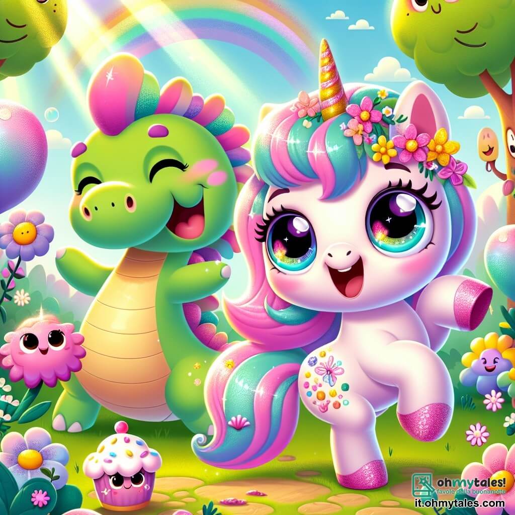 Al centro dell'immagine, una gioiosa unicorno di nome Lulù, con un morbido manto rosa pastello e un corno scintillante dai colori dell'arcobaleno, danza con entusiasmo. I suoi grandi occhi brillanti esprimono una gioia contagiosa, e la sua criniera ondulata è decorata con fiori colorati. Accanto a lei, un grande drago verde di nome Fumino, con un naso a forma di palloncino e squame luccicanti, ride soffiando bolle di fumo colorato. Il paesaggio è una radura incantata del Bosco delle Meraviglie, circondata da alberi con facce sorridenti e fiori giganti che sembrano danzare al ritmo della musica. La scena principale mostra Lulù e Fumino in festa, circondati da amici animali che danzano e cantano gioiosamente, mentre dolci colorati fluttuano attorno a loro, aggiungendo un tocco di fantasia a questo momento festivo.
