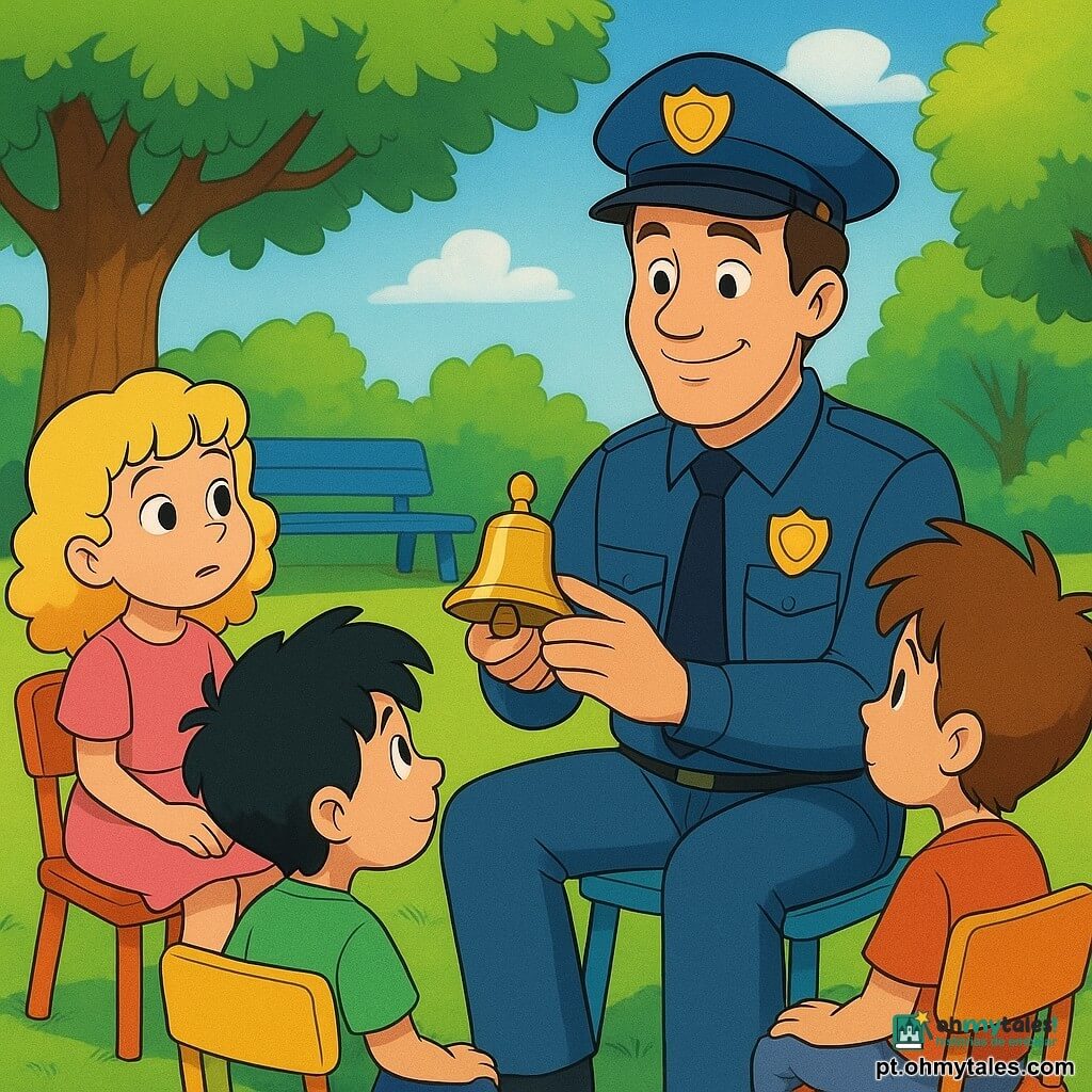 Miguel está sentado em uma cadeira colorida em um parque, vestindo um uniforme de policial e com um sorriso calmo e acolhedor. Ele segura um pequeno sino dourado nas mãos. Crianças de 6 a 10 anos estão sentadas em círculo ao seu redor em cadeiras coloridas. Uma menina de cabelos loiros e cacheados, usando um vestido rosa, observa Miguel com curiosidade. Um menino de cabelos negros e despenteados, vestindo uma camiseta verde, ouve atentamente. O parque é verdejante, com um grande carvalho ao fundo e um banco azul próximo. A atmosfera é tranquila e acolhedora, com raios de sol filtrando pelas folhas das árvores. Miguel conduz um círculo de conversa, criando um espaço de partilha e escuta acolhedora.