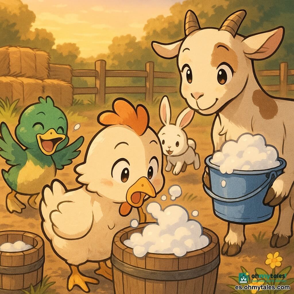 Una gallina llamada Pipa, alegre y curiosa, con plumas crema y un penacho naranja, abre el pico con gesto de sorpresa mientras toca con la punta del pico una espuma blanca; a la izquierda un pato pequeño y robusto llamado Paco, de plumaje verde y amarillo brillante, ríe moviendo las alas cerca de un barril de madera; a la derecha una cabra llamada Lola, más grande, de pelaje crema con manchas marrones, sostiene un cubo azul lleno de espuma y la mira con afecto; un conejo llamado Tico, pequeño, de largas orejas blancas, salta detrás de Pipa mirando la espuma; el escenario es un patio de granja al atardecer con suelo de tierra, algunos mechones de hierba, pacas de paja apiladas, una vieja valla de madera y flores amarillas; la escena muestra burbujas blancas estallando alrededor del pico de Pipa y los animales reaccionando con diversión, con ambiente colorido, rasgos redondeados y expresivos, tonos cálidos y contrastes suaves, fondo difuminado para centrar la atención en los personajes.