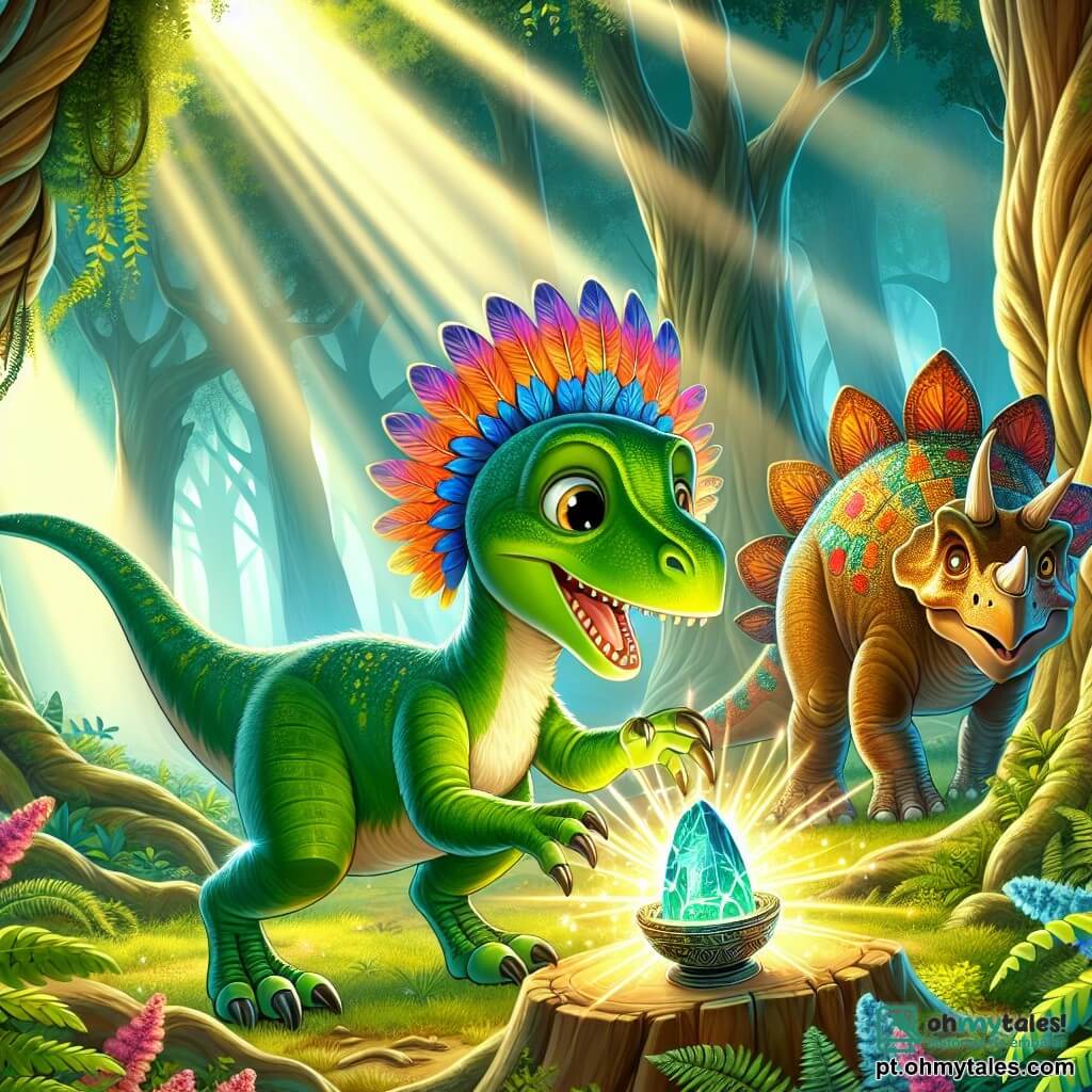 Um velociraptor com penas verdes brilhantes, com olhos cintilantes de curiosidade, está no centro da cena, sorrindo entusiasticamente ao descobrir um artefato antigo brilhante no chão. À sua direita, um tricerátopo sob uma majestosa árvore de carvalho, com um grande chapéu de folhas, observa com um ar intrigado, enquanto à sua esquerda, um estegossauro com placas dorsais coloridas se inclina para ver melhor, exibindo uma expressão de admiração. A cena se passa em uma floresta pré-histórica exuberante, onde árvores gigantes com troncos tortuosos se erguem em direção ao céu, e raios de sol penetram através da folhagem, iluminando o solo coberto de samambaias e flores coloridas. Na ilustração, o velociraptor toca o artefato antigo, desencadeando um brilho mágico que ilumina seu rosto de excitação, enquanto seus amigos o observam, prontos para viver uma aventura incrível.