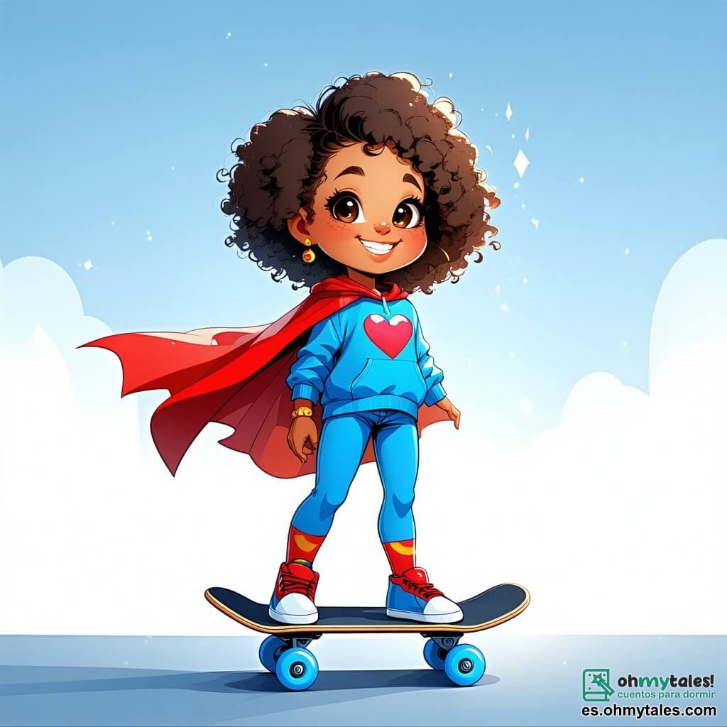 Super Lila, una niña sonriente con cabello rizado y una capa roja, está en su monopatín supersónico, con ojos brillantes de emoción y una gran sonrisa. Lleva un traje azul con un logo en forma de corazón y un calcetín en la cabeza, lo que añade un toque cómico. A su lado, el Capitán Galleta, un niño de unos 8 años con cabello rubio desordenado y una gran capa en forma de galleta, saluda con una mano y sostiene un plato de galletas en la otra, admirando a Super Lila. La escena tiene lugar en una calle soleada de un barrio colorido, con casas de colores pastel, árboles verdes y flores brillantes. Super Lila y el Capitán Galleta se preparan para enfrentar al Villano Patoso, que tropieza con sus enormes zapatos, dejando caer calcetines de colores. Lila ríe, lista para ayudar con su amigo.