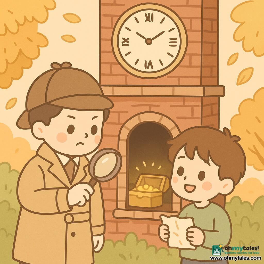 A male detective named Oliver stands in front of an old clock, with a focused and curious expression on his face. He wears a beige trench coat, a brown detective hat, and holds a magnifying glass in his right hand, carefully examining a clue. Next to him is a young boy named Tommy, about 10 years old, with brown hair and sparkling eyes, looking at Oliver with admiration while holding a crumpled piece of paper. The setting is an old red brick clock tower surrounded by greenery, with golden leaves falling from the surrounding trees. The setting sun illuminates the scene, creating a mysterious and warm atmosphere. The main situation shows Oliver and Tommy discovering a secret compartment in the tower, revealing a golden glint of hidden treasure as they exchange amazed glances.