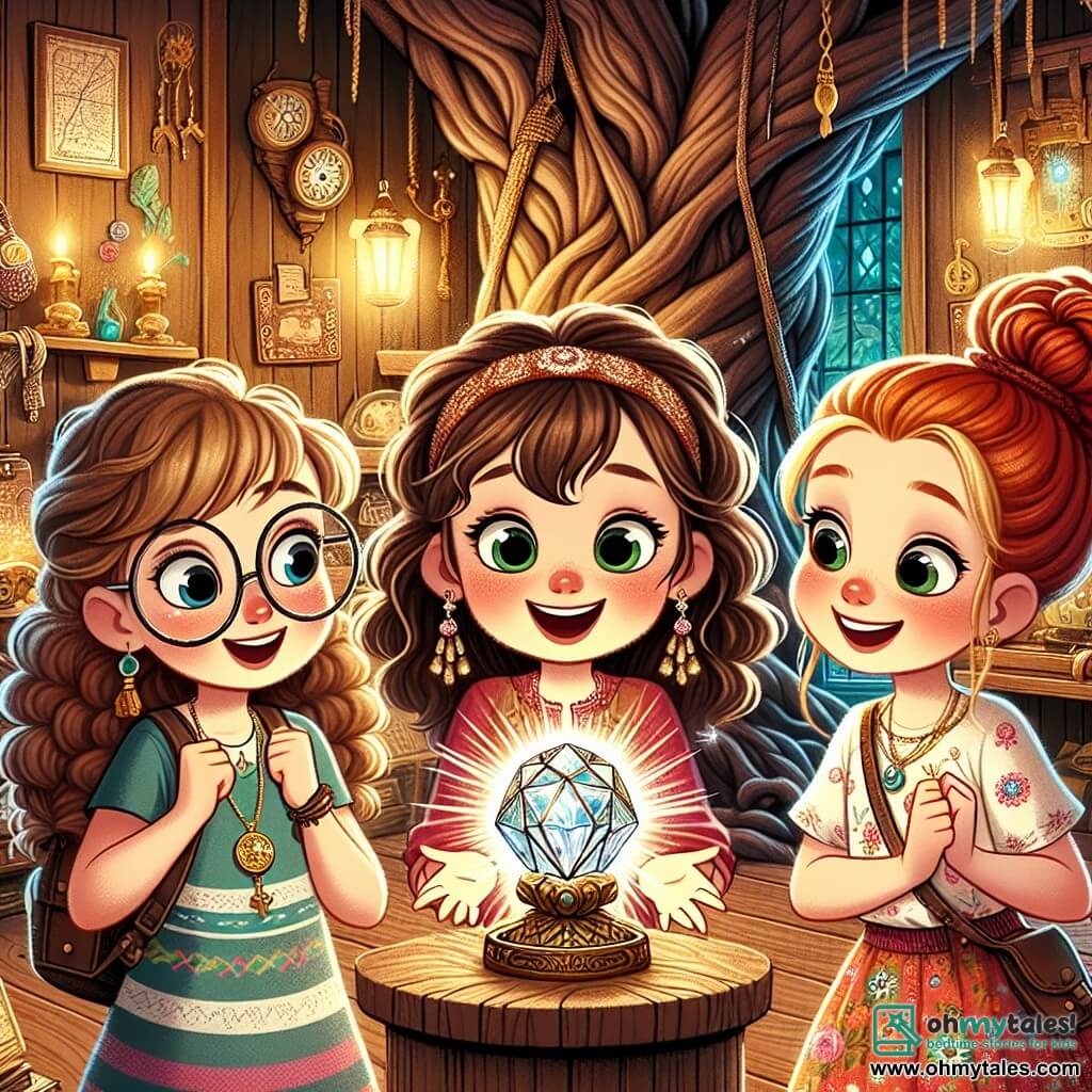 Three little girls, around 8 years old, stand in the center of a magical room. Lucy, with curly brown hair and round glasses, holds a sparkling compass in her hands, her eyes wide with wonder. To her right, Mia, with braided blonde hair, wears a colorful dress and smiles joyfully, arms open as if to embrace adventure. On the left, Ella, with her red hair in a bun and a floral-patterned t-shirt, looks around curiously, ready to explore.

Their environment is a secret room filled with sparkling treasures: shining gemstones, ancient maps on the walls, and mysterious gadgets on wooden shelves. In the background, a large tree with gnarled roots seems to extend through the wall, adding a touch of magic to the atmosphere.

The girls have just solved a series of mysteries to find the "Heart of Adventure," a glowing stone placed on a pedestal in the center of the room. They are surrounded by bright light, symbolizing their success and friendship, ready to embark on new adventures together.