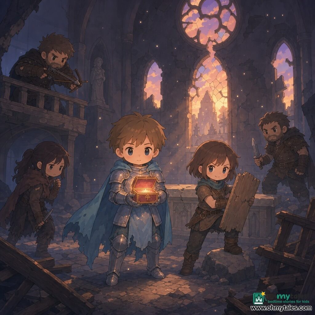 Main character: a young knight named Alden, soft face, determined eyes and a slight smile; wearing light silver armor with blue highlights and a crumpled sky-blue cape, holding a small red-and-gold metal box (the Ember Seal) to his chest. Secondary: his squire Tamsin, about 14, short brown hair, lively mischievous expression, standing on a stone ready to help, holding a broken plank as an improvised shield. Other figures: three adult bandits (two men, one woman) with rough but stylized kawaii faces, tattered brown and dark leather clothes; one on the gallery aiming a crossbow at Alden, another holding a dagger near the altar, the third hesitating near the floor. Setting: ruined chapel at dusk, soot-darkened walls, broken stained glass letting orange rays in, overturned pews, dust visible as tiny glowing specks, a cracked stone altar at center. Main situation: peaceful tension—Alden offers to share while bandits threaten; the box is slightly open, emitting a warm ruby glow; frontal composition, warm light on the Seal and cool light around, dramatic yet gentle, childlike atmosphere.
