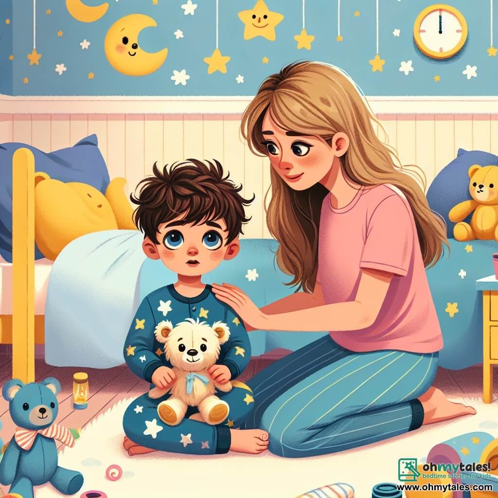 A 2-year-old boy with messy brown hair and big curious eyes is sitting on his bed, his face showing a hint of fear but also curiosity. He is wearing blue pajamas with white stars and is tightly holding his teddy bear, Mr. Teddy, who has a friendly smile and bright eyes. Next to him, his mother, a woman in her thirties with long blonde hair, is crouching down, gently holding his hand. She is wearing a pink t-shirt and comfortable pants, and her face radiates tenderness and reassurance. The scene takes place in Tommy's room, where the walls are painted a soft yellow, decorated with drawings of stars and clouds. A small moon-shaped nightlight emits a soft, warm glow, creating a soothing atmosphere. In this situation, Tommy, a bit anxious, looks around as his mother explains to him that the dark can be gentle and that the stars are his friends. The room is filled with colorful toys, and the atmosphere is calm and reassuring, ready for a good night's sleep.