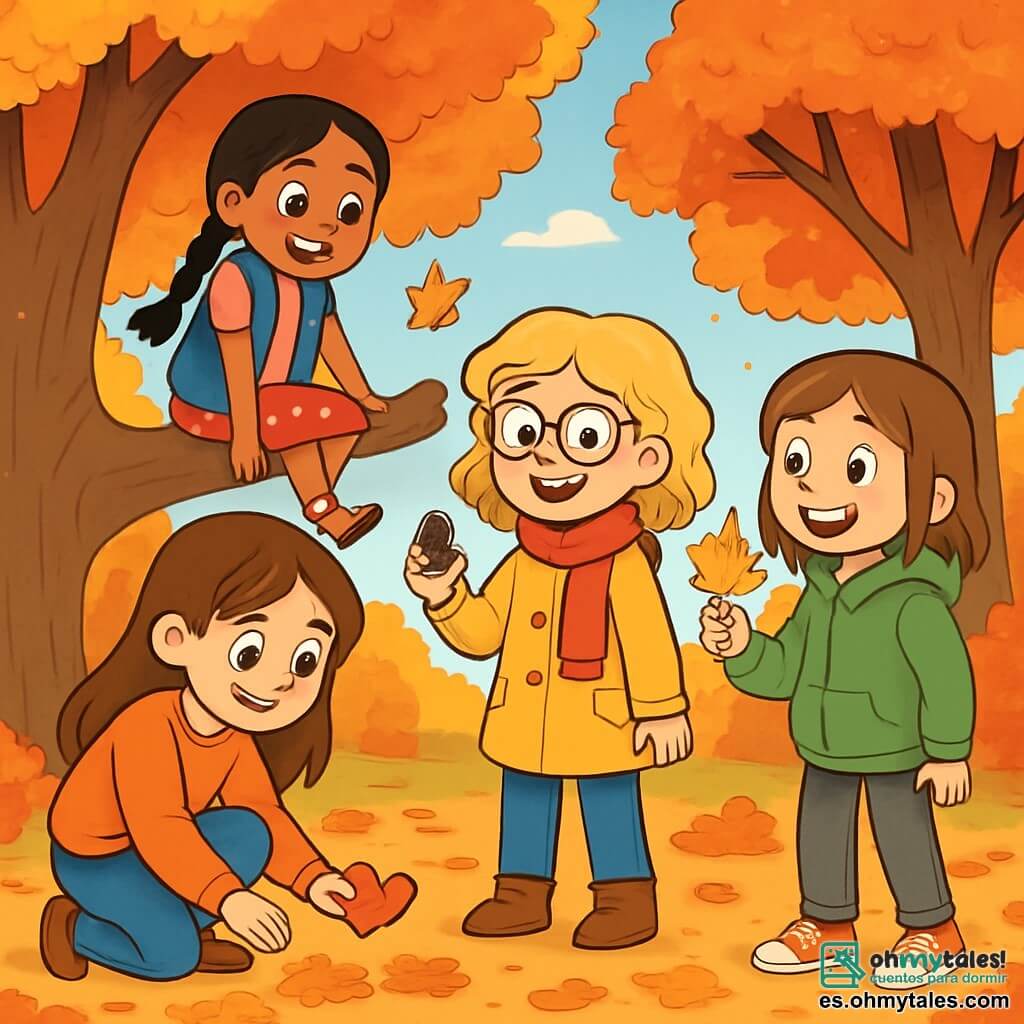 Hay 4 niños: - Carla: una niña de 10 años, con cabello largo castaño y ojos brillantes. Lleva un suéter naranja y jeans, y está agachada recogiendo una hoja en forma de corazón. - Martina: una niña de 11 años, con cabello rizado rubio y gafas redondas. Lleva una bufanda roja y un abrigo amarillo, y está de pie sosteniendo una pequeña piña en la mano. - Sofía: una niña de 10 años, con cabello negro trenzado y una sonrisa radiante. Lleva un chaleco azul y una falda de flores, y está sentada en una rama observando a las demás. - Lucía: una niña de 9 años, con cabello castaño y pecas. Lleva una sudadera verde y pantalones grises, y está de pie mostrando una hoja dorada a sus amigas. El lugar es un parque otoñal, lleno de árboles majestuosos con hojas brillantes, desde rojo intenso hasta naranja vibrante. El suelo está cubierto de un tapiz de hojas crujientes, y un cielo azul claro ilumina la escena, creando una atmósfera alegre y cálida. La situación principal muestra a las cuatro amigas recogiendo tesoros de otoño, riendo y compartiendo ideas para su proyecto artístico, rodeadas de la belleza de la naturaleza y capturando el espíritu del otoño con entusiasmo y creatividad.