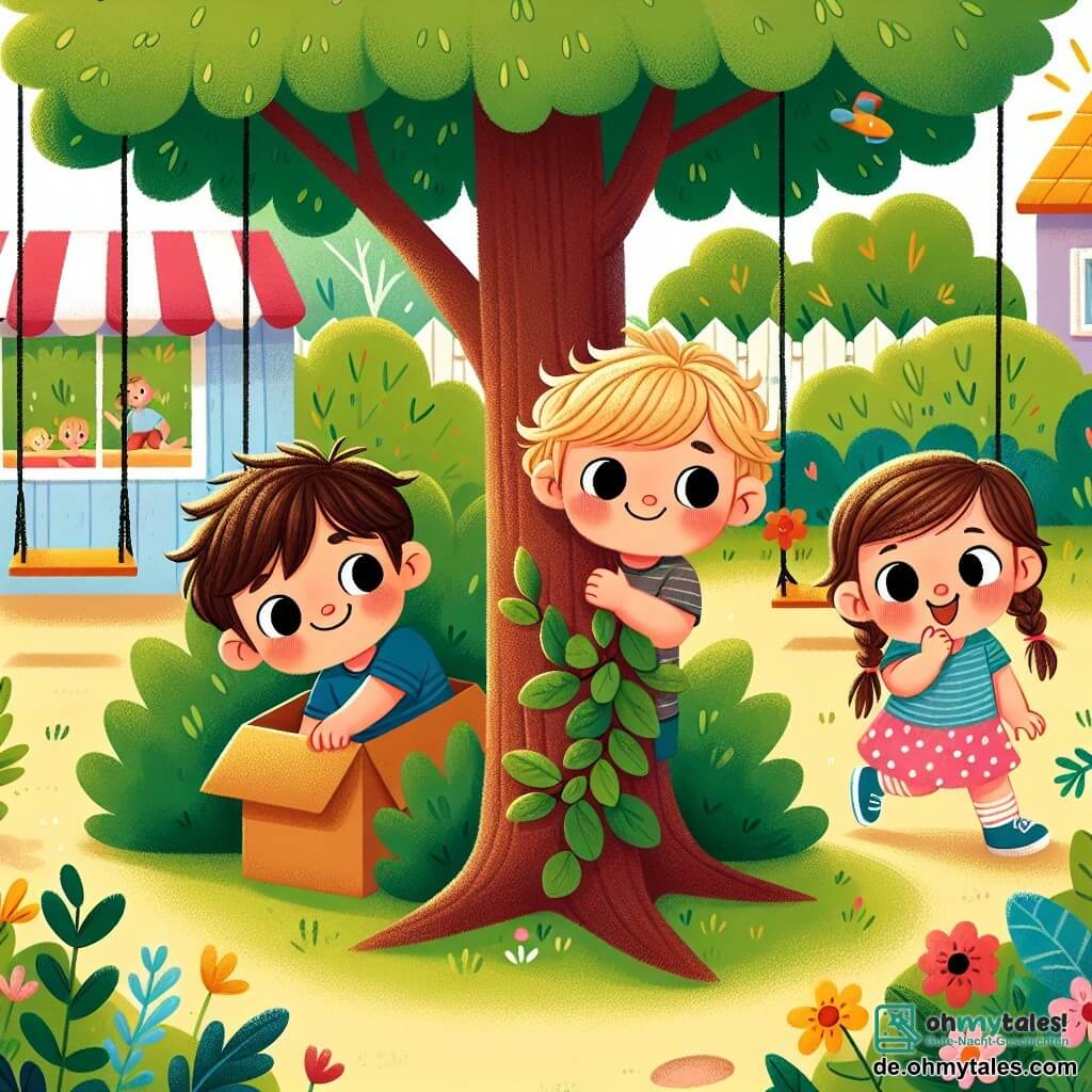 Ein kleiner Junge von 2 Jahren, Max, mit zerzausten braunen Haaren und funkelnden Augen, versteckt sich hinter einem großen Baum. Er hat ein breites Lächeln im Gesicht, was zeigt, dass er viel Spaß hat. Einige Schritte entfernt sucht seine beste Freundin Emma, ein 3-jähriges Mädchen mit geflochtenen blonden Haaren und einem rosa gepunkteten Kleid, neugierig und fröhlich nach Max. Sie steht neben einem Busch mit den Händen in den Hüften, bereit, ihn zu finden. Leo, ein 3-jähriger Junge mit schwarzen Haaren und einem blauen T-Shirt, versteckt sich in einem großen Karton neben der Schaukel und lacht leise. Er hat einen schelmischen Blick, als wüsste er, dass er gut versteckt ist. Die Szene spielt in einem sonnigen Park, der voller Grün, bunter Blumen und Spielgeräte für Kinder ist. Sonnenstrahlen filtern durch die Blätter der Bäume und schaffen eine fröhliche und spielerische Atmosphäre. Die Hauptsituation zeigt Max, Emma und Leo, die Verstecken spielen, wobei Max sich hinter dem Baum versteckt, während Emma und Leo umher suchen, lachen und zusammen Spaß haben.