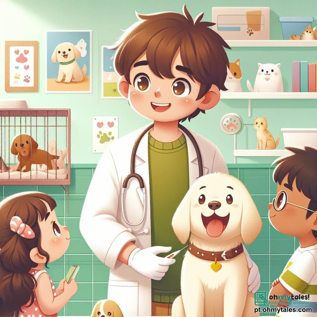 O personagem principal, um veterinário homem na casa dos trinta anos, tem cabelos castanhos bagunçados e usa um jaleco branco com estampas de patas de animais. Ele tem um sorriso caloroso e olhos brilhantes de entusiasmo enquanto examina um labrador alegre, chamado Max, medindo sua temperatura. Ao lado dele, Luísa, uma menina de 8 anos com cabelos cacheados e um sorriso bonito, observa atentamente o veterinário, segurando um pequeno caderno nas mãos, pronta para anotar tudo que aprende. Miguel, um menino de 9 anos com óculos redondos, está um pouco afastado, com os braços cruzados, com uma expressão curiosa e admirada, olhando o cachorro com fascínio. A cena acontece em uma clínica veterinária iluminada e acolhedora, com paredes pintadas de verde pastel e cartazes coloridos de animais pendurados. Gaiolas com animais fofos são visíveis ao fundo, e brinquedos para animais estão espalhados pelo chão. A situação principal mostra o veterinário fazendo um exame de saúde em Max, o labrador, enquanto as crianças, maravilhadas, aprendem a cuidar dos animais e descobrem a importância da medicina veterinária.
