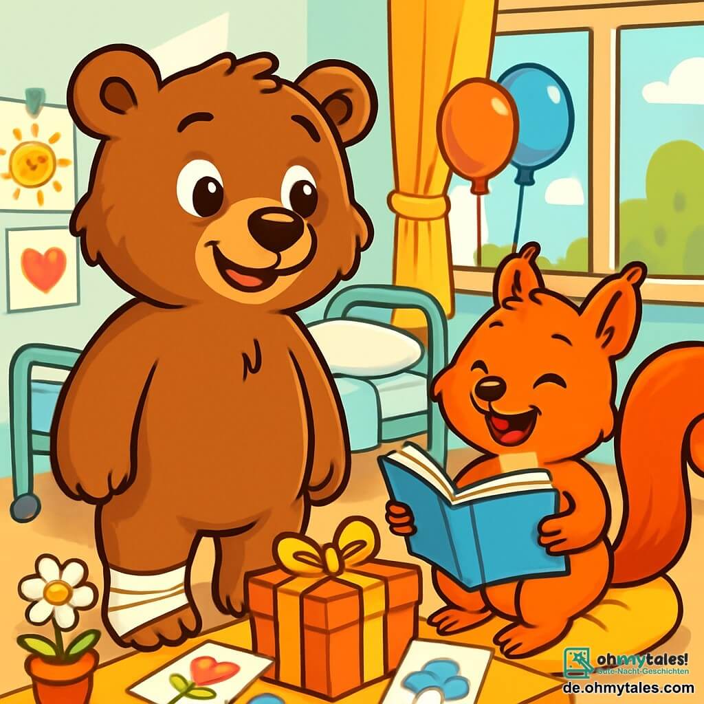 Ein junger Braunbär namens Benny, mit weichem Fell und glänzenden Augen, steht in der Mitte der Szene und zeigt einen Ausdruck von Neugier und Hoffnung. Er trägt einen kleinen Verband an einer Pfote, der seine kürzliche Krankheit symbolisiert, und schaut mit einem warmen Lächeln um sich. Neben ihm sitzt ein kleiner Eichhörnchen namens Sam, mit leuchtend rotem Fell und funkelnden Augen, auf einem Kissen, hält ein offenes Buch und lacht fröhlich, um Benny zu unterstützen. Im Hintergrund ist ein helles und einladendes Krankenhauszimmer mit bunten Zeichnungen und Ballons dekoriert, und die Fenster lassen Sonnenlicht herein. Die Hauptsituation zeigt Benny und Sam, die eine Überraschung für ihre Freunde vorbereiten, umgeben von Zeichnungen und kleinen Geschenken, was eine Atmosphäre von Kameradschaft und Freude schafft.