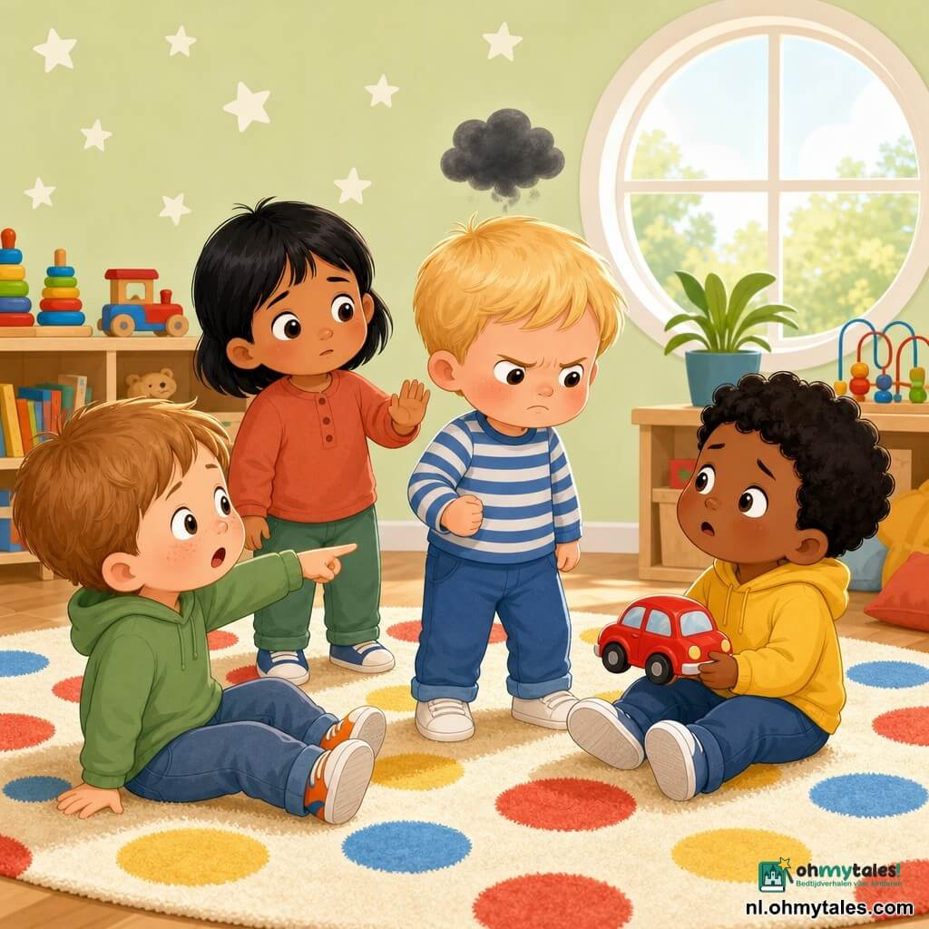 Er zijn vier kinderen: Sem, jongen van 2 jaar, huid licht, kort blond haar, rode wangen, staat in het midden van het tapijt met gebalde vuist en nors gezicht en kijkt naar de rode auto; Ravi, jongen van 2 jaar, donkerder huid, kort krullend zwart haar, zit rechts van Sem, houdt een kleine rode auto vast en kijkt verrast naar Sem; Milan, jongen van 2 jaar, bleke huid met sproeten, lichtbruin haar, zit links van Sem en wijst naar hem; Noor, jongen van 2 jaar, olijfkleurige huid, steil zwart haar, staat iets links achter Sem, kijkt zacht en heft een hand alsof hij troost. Locatie: lichte speelkamer met groot zacht tapijt met gekleurde stippen, lage plank met houten speelgoed, grote ronde raam met ochtendlicht en lichtgroene muren met witte sterren. Situatie: eenvoudige, duidelijke scène—Sem is boos omdat Ravi de rode auto pakte; Sem heeft rode wangen en een compacte gestileerde donkere wolk boven zijn hoofd, Ravi houdt de auto vast en ziet er bezorgd uit, Milan wijst en Noor probeert te kalmeren. Stijl: vectorieel, felle kleuren, ronde vormen, duidelijke lijnen en begrijpelijke, empathische gezichtsuitdrukkingen voor 2‑jarigen.