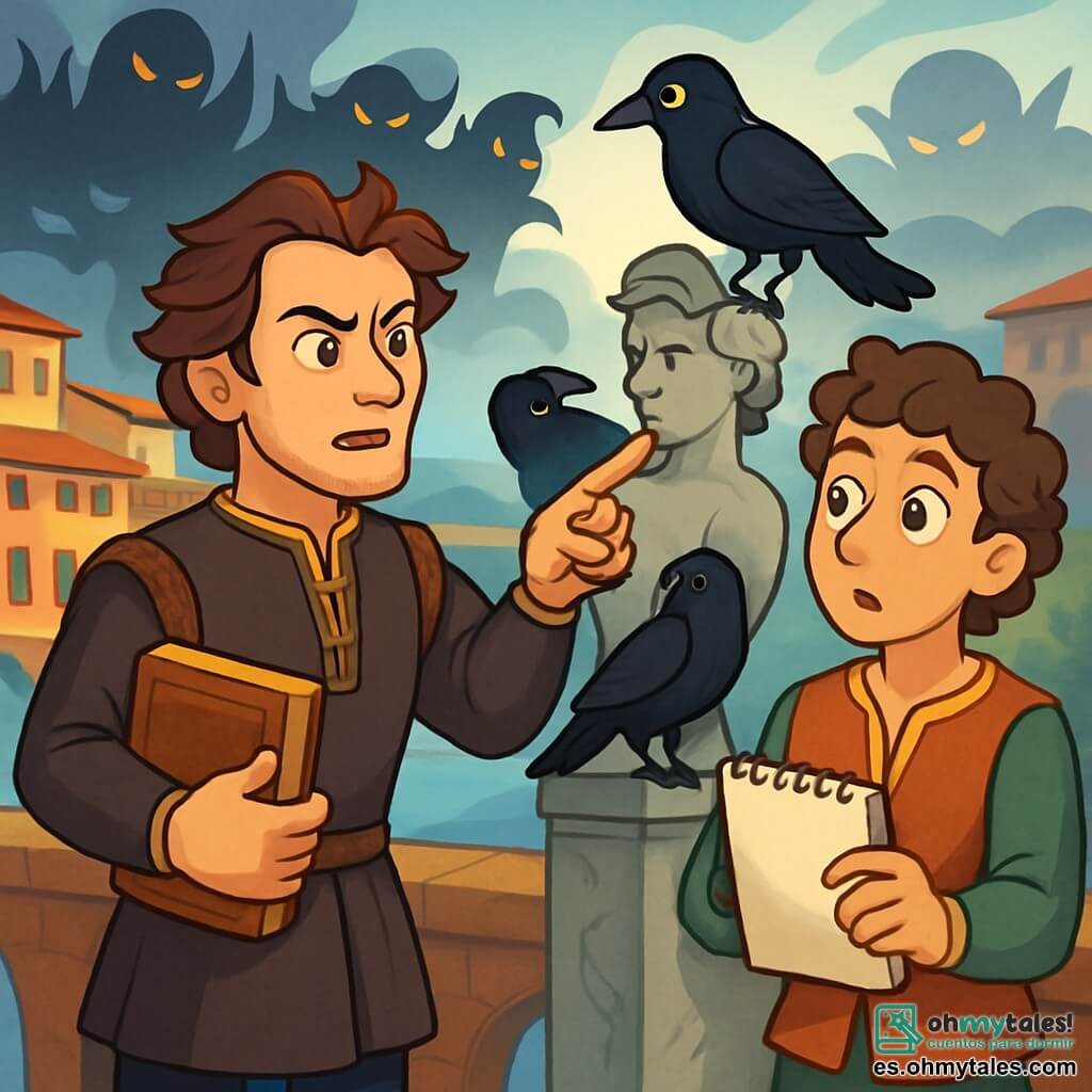Un hombre, Leonardo, se encuentra en el Ponte Vecchio, con una expresión decidida en su rostro. Lleva una túnica oscura con detalles dorados y un libro de cuero en una mano, mientras que la otra mano señala una estatua antigua. Su cabello castaño está ligeramente despeinado por el viento y sus ojos brillan de inteligencia. A su lado, un joven, Miguel Ángel, de unos 30 años, observa atentamente el cuervo negro posado en la estatua. Tiene el cabello rizado y una túnica colorida, y sostiene un cuaderno de bocetos, listo para capturar la escena. El lugar es el famoso Ponte Vecchio, con sus arcos de piedra, sus tiendas coloridas y el río Arno que fluye por debajo, reflejando la luz de la mañana. La bruma matutina envuelve el puente, añadiendo un toque de misterio a la atmósfera. La situación principal muestra a Leonardo y Miguel Ángel debatiendo sobre el extraño cuervo que los observa, mientras sombras inquietantes se dibujan detrás de ellos, sugiriendo una magia antigua y complots por venir.