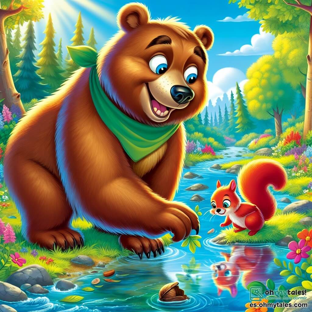 Un gran oso pardo, llamado Bruno, está al borde de un arroyo brillante, con los ojos brillando de emoción y una gran sonrisa en su rostro. Su pelaje es suave y sedoso, y lleva una pequeña bufanda verde alrededor del cuello, símbolo de su amor por la naturaleza. A su lado, una pequeña ardilla roja, Sara, trepa por una rama baja, con los ojos chispeantes de alegría. Sostiene una nuez en sus pequeñas patas y parece lista para compartir su tesoro con Bruno. El escenario es una hermosa claridad del bosque, rodeada de árboles majestuosos con hojas de un verde brillante, y flores coloridas que bailan al viento. El arroyo, con aguas cristalinas, refleja el cielo azul y los rayos del sol que atraviesan las ramas. Bruno y Sara están limpiando el arroyo, recogiendo basura para proteger su hábitat. La atmósfera está llena de vida y esperanza, ilustrando la importancia de preservar la naturaleza.
