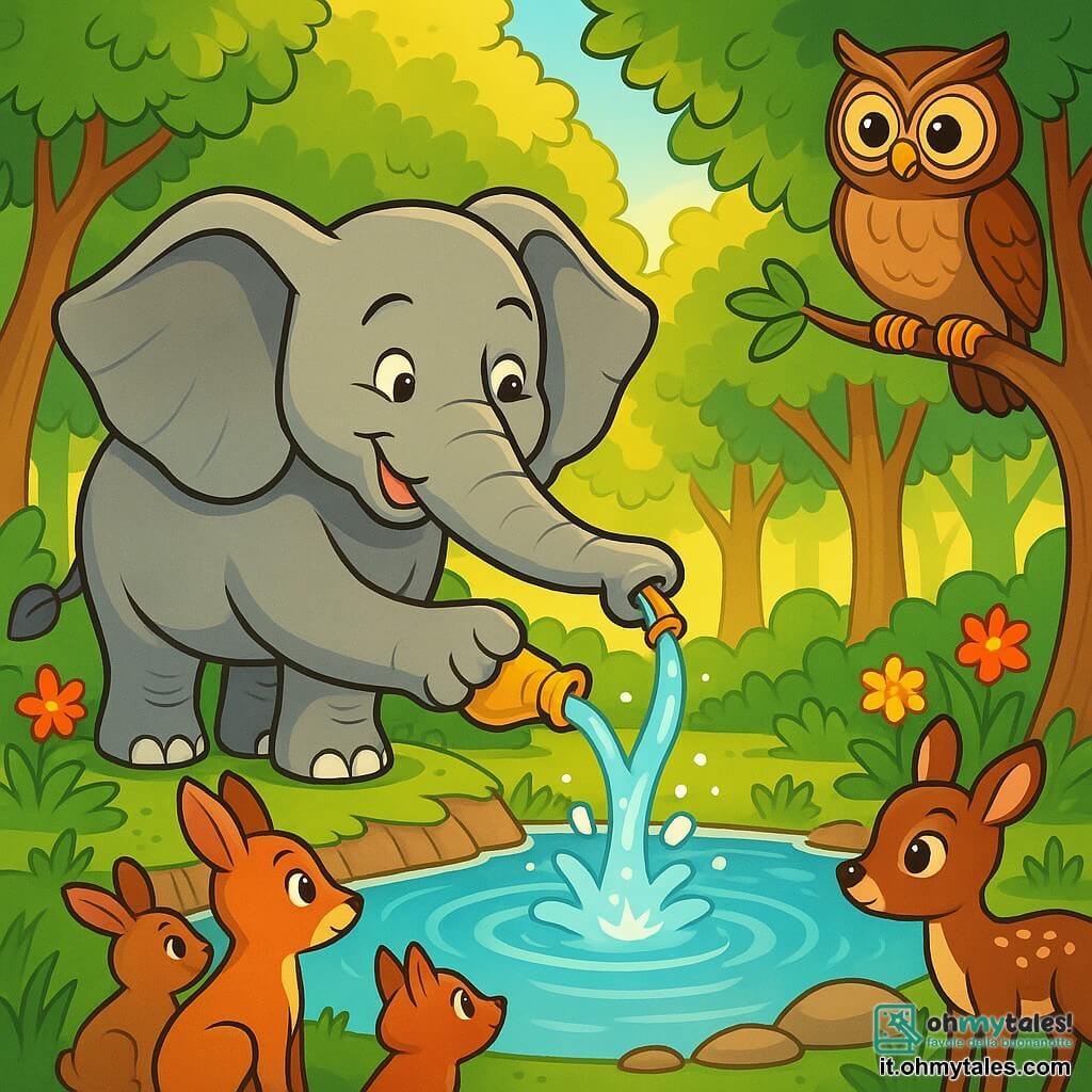 Un elefante maestoso di nome Ettore, con la pelle grigia e grandi orecchie, si trova accanto a una fonte d'acqua cristallina, il suo sguardo determinato e benevolo. Versa delicatamente acqua magica nella fonte, un sorriso caloroso illumina il suo viso. Accanto a lui, un saggio gufo dalle piume brune e dai grandi occhi tondi osserva attentamente, posato su un ramo, pronto a dare consigli. Sullo sfondo, una foresta lussureggiante con alberi verdi dalle foglie lucenti e fiori colorati, bagnata dalla luce dorata del sole, crea un'atmosfera pacifica. La scena mostra Ettore mentre purifica l'acqua, circondato da animali curiosi che si avvicinano, i loro occhi brillanti di speranza e meraviglia.