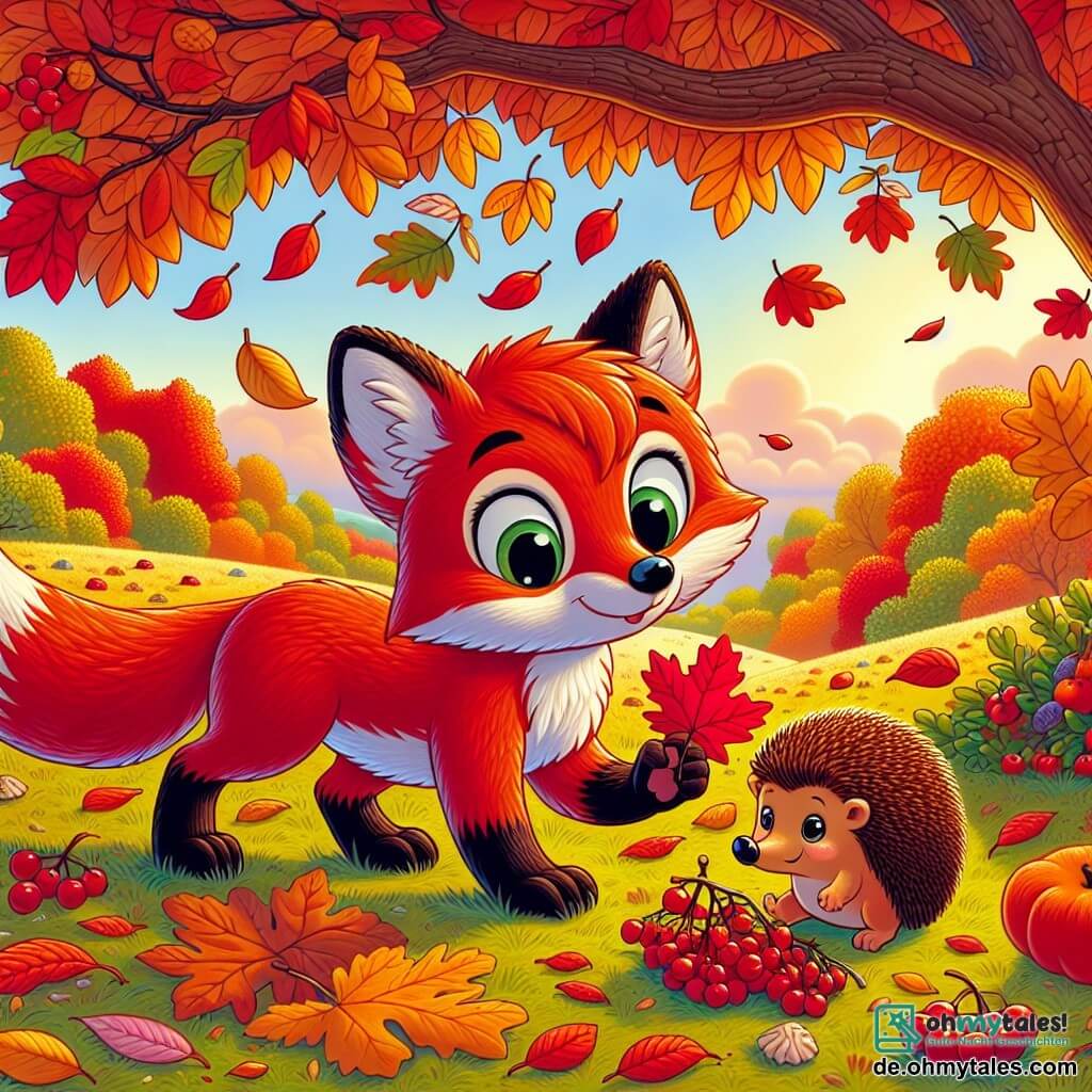 Ein junger, leuchtend roter Fuchs mit großen, neugierigen Augen und einem erstaunten Ausdruck steht inmitten eines Feldes, das mit bunten Herbstblättern in Orange, Gelb und Rot bedeckt ist. Er beobachtet aufmerksam einen kleinen Igel mit einem stacheligen, braunen Rücken und einem lächelnden Gesicht, der gerade dabei ist, Blätter für sein Nest zu sammeln, direkt neben einem majestätischen Baum mit fruchtbeladenen Ästen. Die Szene zeigt den Fuchs und den Igel, die fröhlich zusammenarbeiten, während der Fuchs ein buntes Blatt in seiner Pfote hält, bereit, seinem Freund zu helfen, sein Nest für den Winter zu dekorieren.