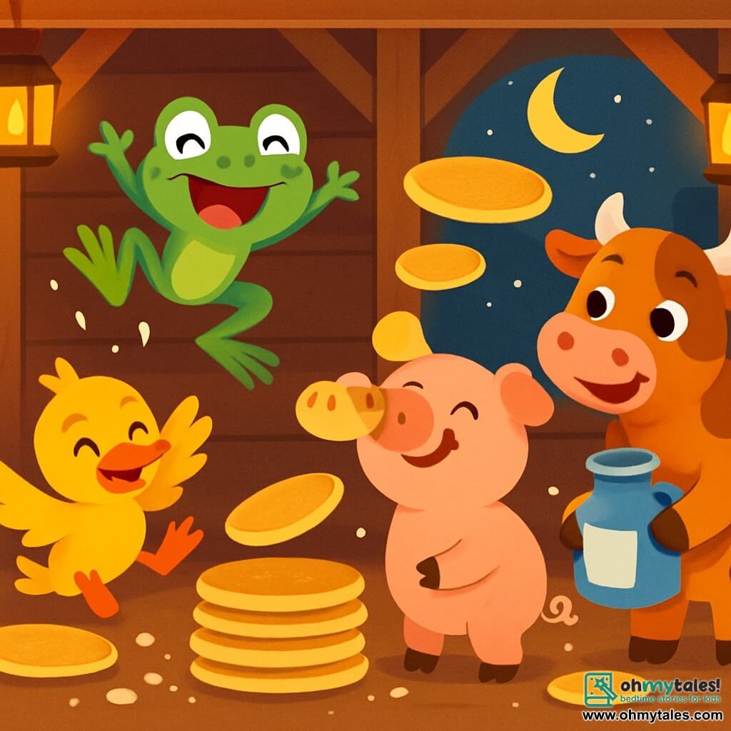 Freddie, a small green frog with sparkling eyes and a mischievous smile, happily jumps on a pile of fluffy pancakes, laughter on his face. Next to him, Daisy, a playful duck with yellow feathers and a smiling beak, glides on a pancake, her wings spread, ready to have fun. Bertie, a big pink pig with round cheeks and an amused look, tries to balance a pancake on his nose, while Carla, a red cow with white spots, stands nearby holding a jar of milk with a big smile. The scene takes place in a rustic barn with wooden beams and softly glowing lanterns illuminating the joyful faces of the animals. Stacked pancakes and splashes of flour are scattered around them, creating a festive atmosphere. The friends are having fun together in a hilarious pancake race, laughing and playing under the soft moonlight.