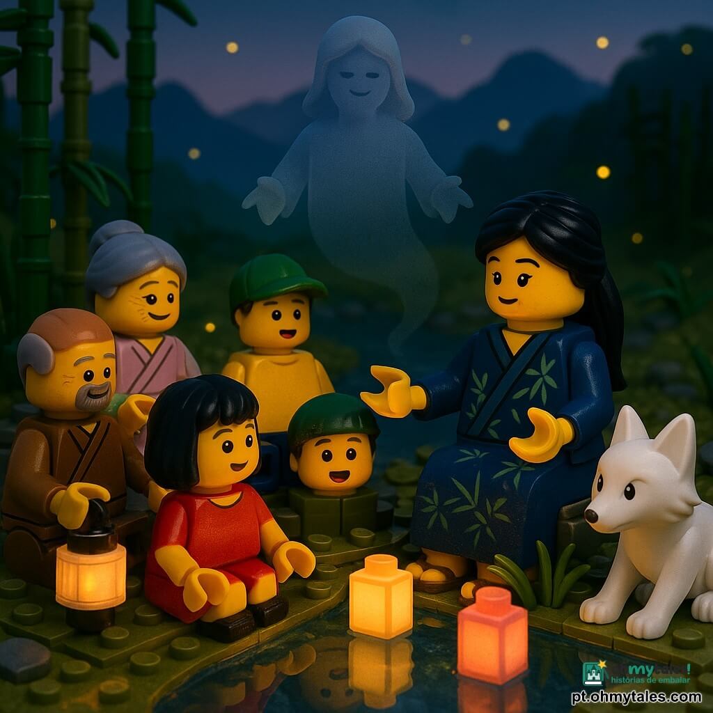 Hanako, mulher sentada à beira de um pequeno lago ao crepúsculo, rosto sereno e benevolente, cabelo preto preso, kimono azul índigo com motivos de bambu, mãos abertas como se contasse uma história; uma raposa branca de pelo lustroso e olhos cor de pérola, agachada à direita de Hanako, olhar malicioso e protetor; uma sombra transformada, silhueta suave semi-transparente cinza-azulada flutuando entre Hanako e as crianças; uma menina de ~7 anos, cabelo curto preto, vestido vermelho, sentada à frente de Hanako com olhos maravilhados; um menino de ~6 anos, boné verde e camiseta amarela, sentado ao lado da menina, boca entreaberta de espanto; um velho de ~70 anos com kimono marrom e barba grisalha curta, sentado numa pedra à esquerda do grupo, sorrindo; uma senhora de ~68 anos com coque e kimono em tons pastéis, sentada ao lado do velho segurando uma lanterna de papel; local: clareira num vale com lago calmo refletindo lanternas de papel rosas e amarelas, bambuzais, trilha de pedras com musgo, montanhas azuis ao fundo e vagalumes como pequenas luzes; cena: Hanako conta uma lenda no centro de um círculo de aldeões feitos de tijolos LEGO, lanternas acesas ao redor, raposa e sombra escutam; atmosfera suave, calor das lanternas contrastando com os tons frios do crepúsculo, ligeiramente mágica.