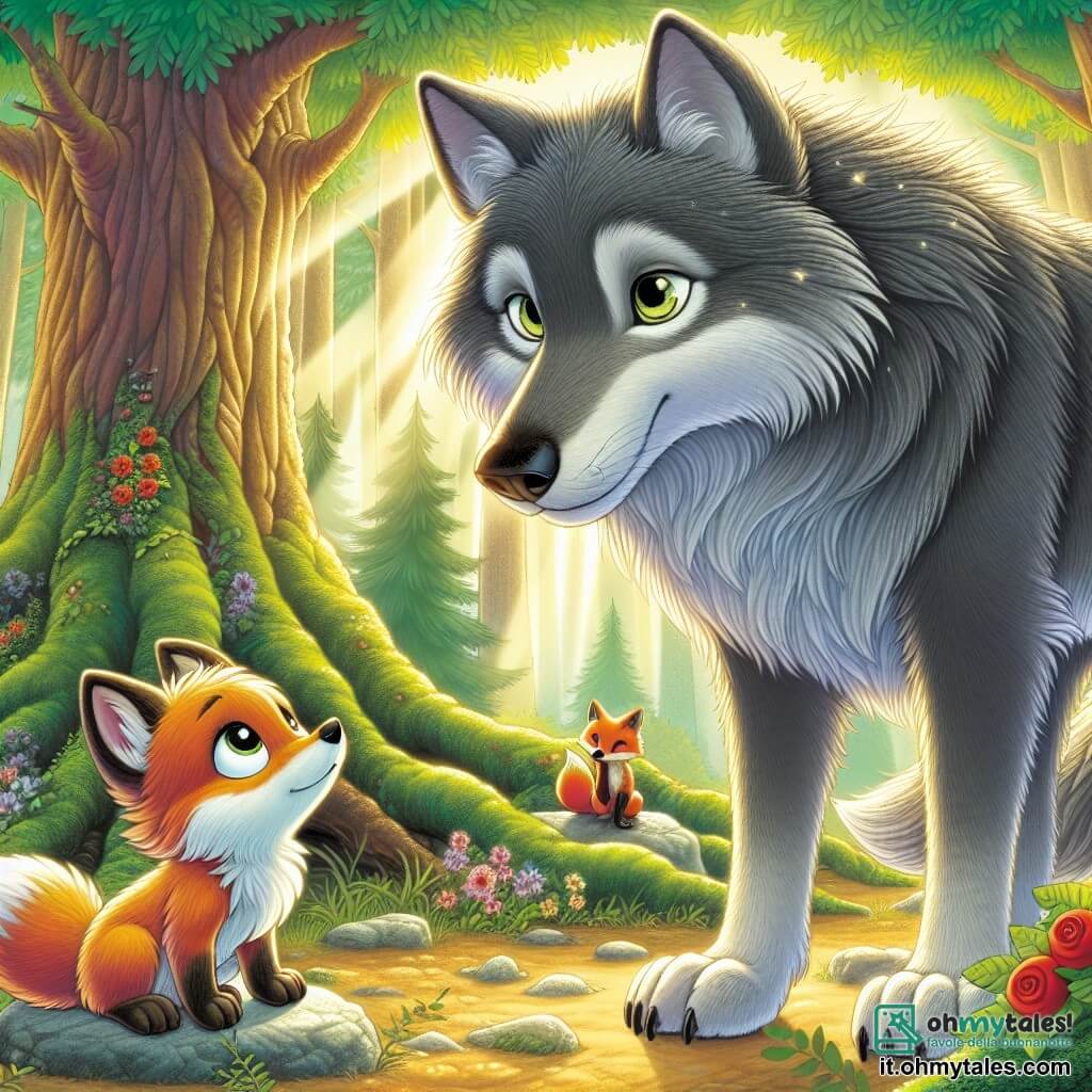 Al centro dell'immagine, un grande lupo dal pelo grigio e dagli occhi brillanti come stelle, ha un'espressione dolce e curiosa, con le orecchie leggermente inclinate in avanti, come se stesse ascoltando attentamente. A destra, un piccolo lupo dal pelo grigio chiaro, chiamato Lupoletto, con occhi scintillanti di determinazione, guarda il grande lupo con un misto di apprensione e coraggio, pronto a parlare. A sinistra, una piccola volpe dal pelo arancione vivace, Volpetta, con occhi rotondi e tristi, seduta su una pietra, si strofina gli occhi con una zampa, mostrando la sua vulnerabilità. La scena si svolge in una foresta incantata, dove alberi maestosi creano un rifugio naturale. Raggi di sole filtrano attraverso il fogliame, illuminando il terreno coperto di fiori colorati e muschi morbidi. Lupoletto si avvicina coraggiosamente al grande lupo per parlargli, mentre Volpetta, un po' in disparte, osserva con speranza, illustrando il momento in cui i pregiudizi iniziano a svanire e una nuova amicizia è sul punto di nascere.