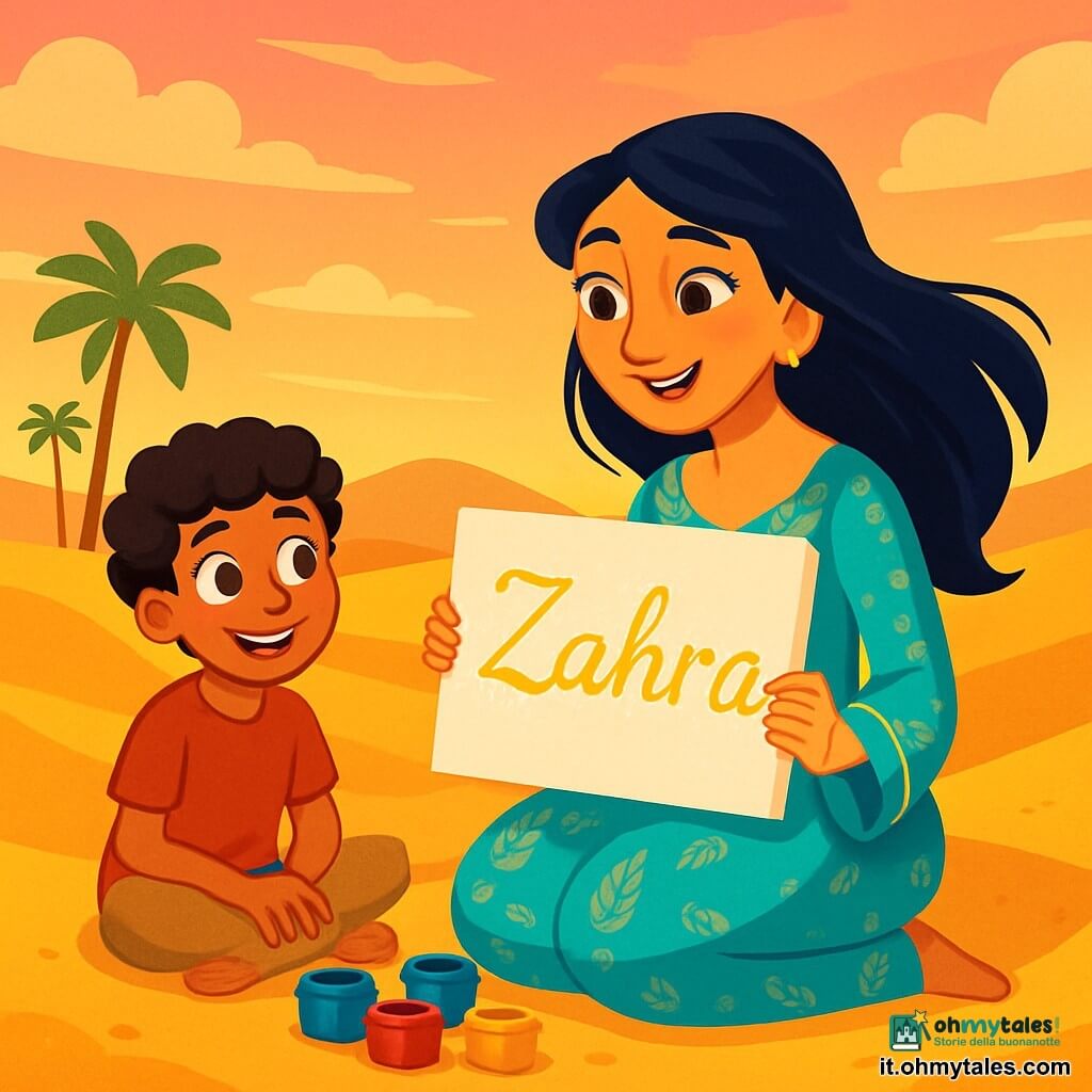 Zahra, una donna di circa trent'anni, è seduta su una duna di sabbia dorata, il viso radioso di curiosità e meraviglia. Indossa un abito di seta turchese decorato con motivi dorati, e i suoi lunghi capelli neri fluttuano dolcemente nel vento. I suoi occhi brillano di determinazione mentre tiene una tela bianca tra le mani. Accanto a lei c'è un giovane artista, un ragazzo di circa 12 anni, con capelli ricci e un sorriso caloroso. È seduto a gambe incrociate, circondato da barattoli di vernice colorata, osservando Zahra con ammirazione. Il paesaggio è una vasta distesa di dune di sabbia, bagnate dalla luce dorata del sole al tramonto, con palme che ondeggiano dolcemente in lontananza. Il cielo è un mix di tonalità rosa e arancioni, creando un'atmosfera magica. La scena principale mostra Zahra che scopre il nome scintillante sulla tela, il cuore colmo di gioia e meraviglia, mentre il giovane artista la incoraggia con uno sguardo pieno di speranza.